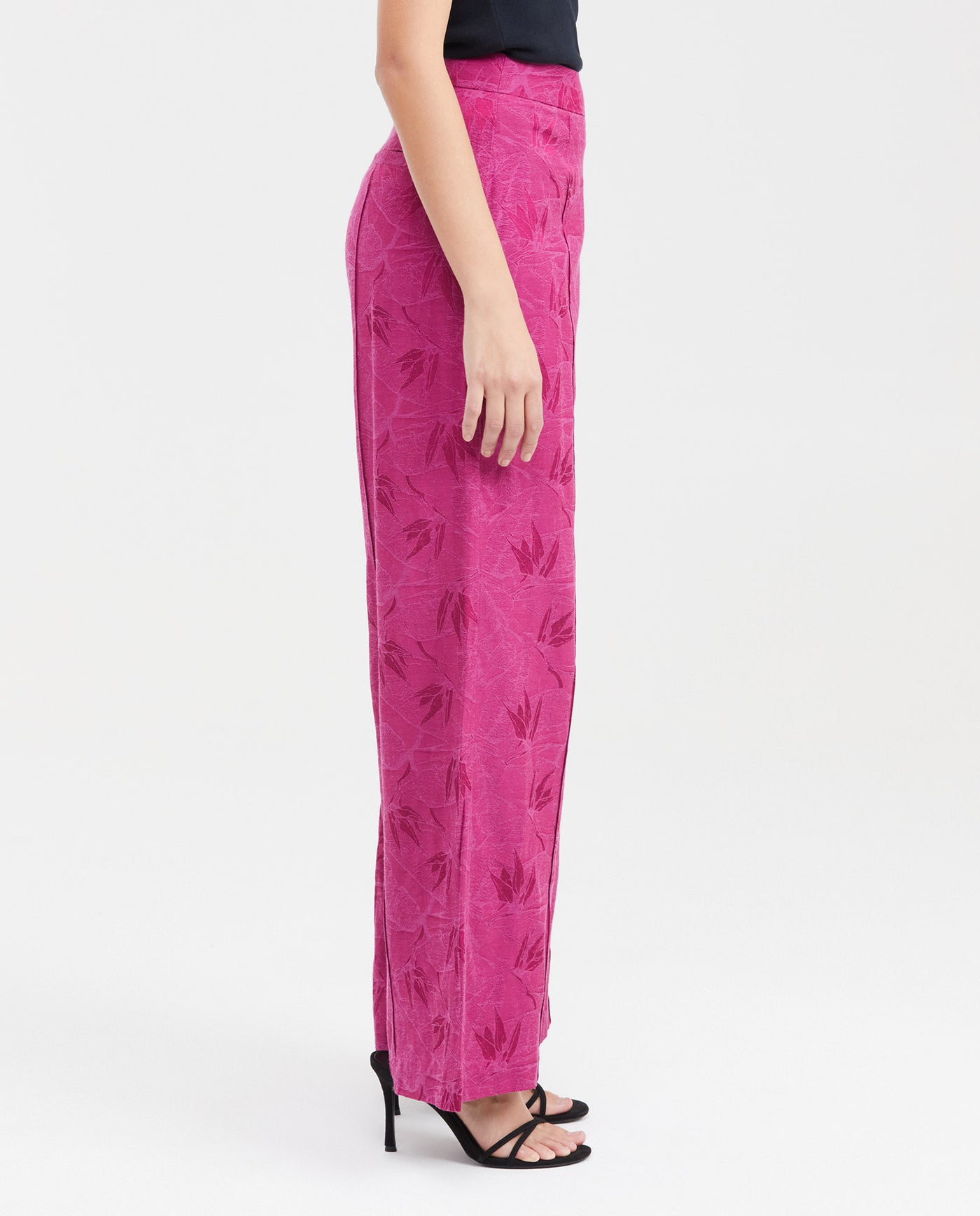 Women's High-Waisted Palazzo Pants with Tonal Foliage Pattern in Cotton-Viscose-Linen - 4