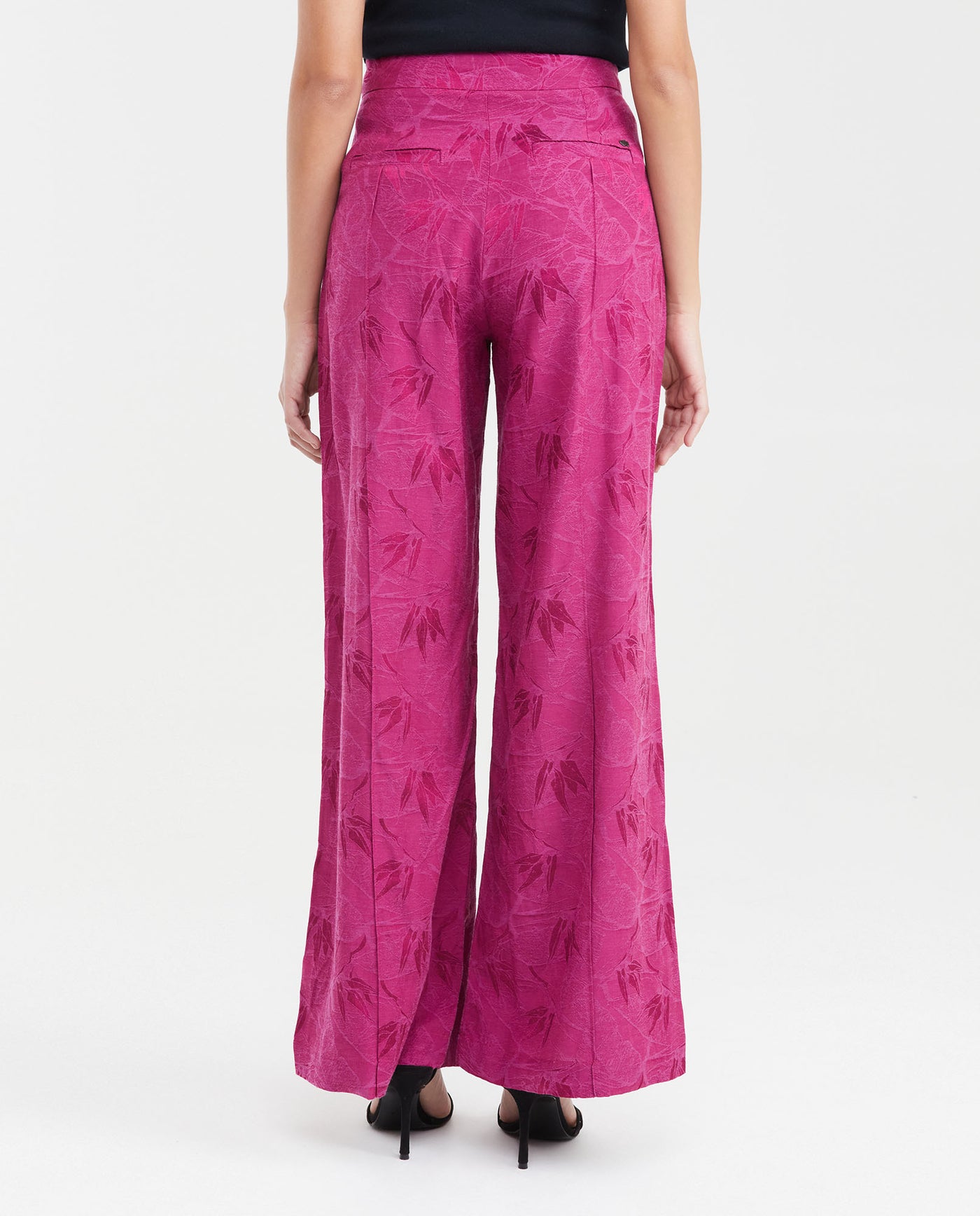 Women's High-Waisted Palazzo Pants with Tonal Foliage Pattern in Cotton-Viscose-Linen - 5