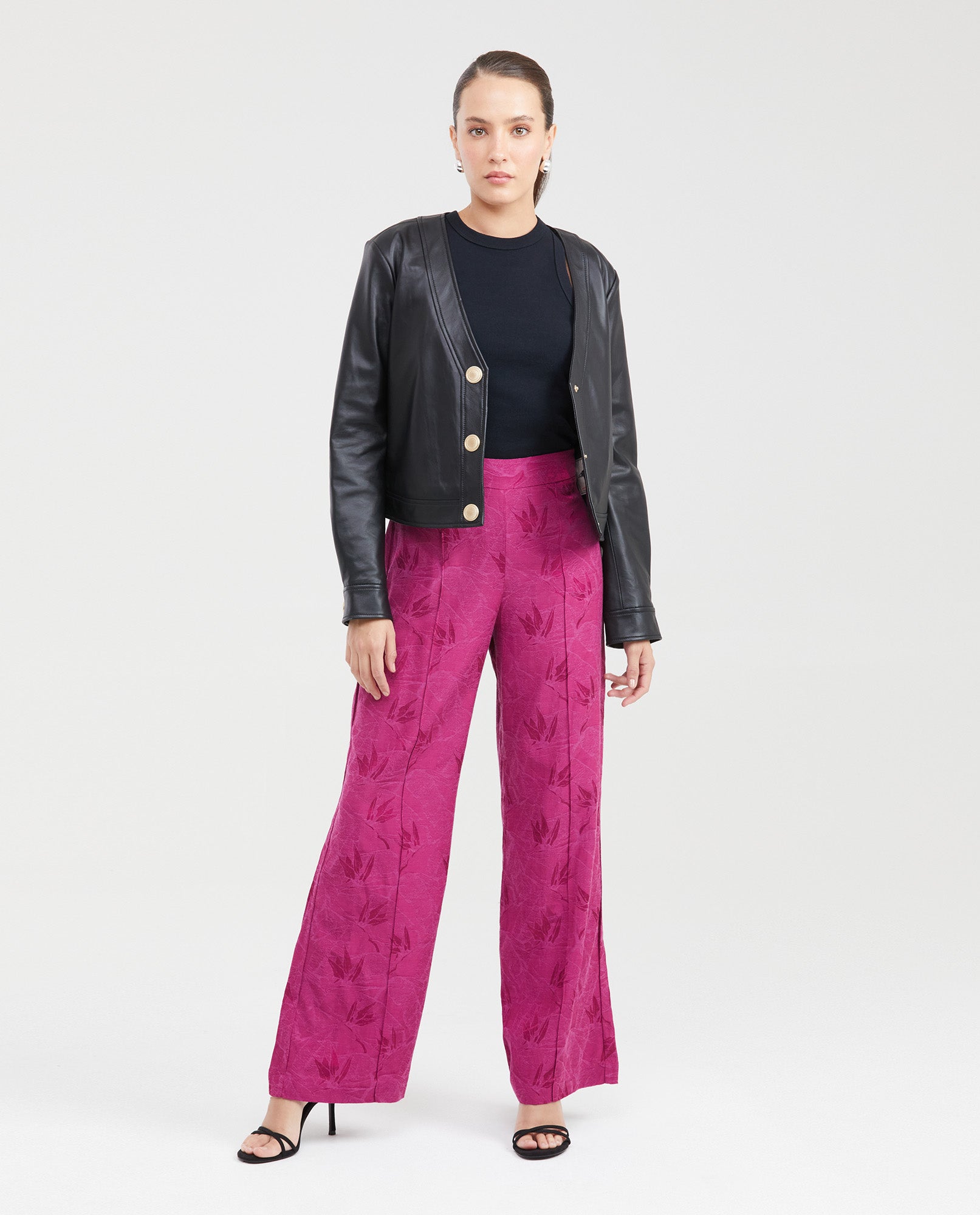 Women's High-Waisted Palazzo Pants with Tonal Foliage Pattern in Cotton-Viscose-Linen - 7