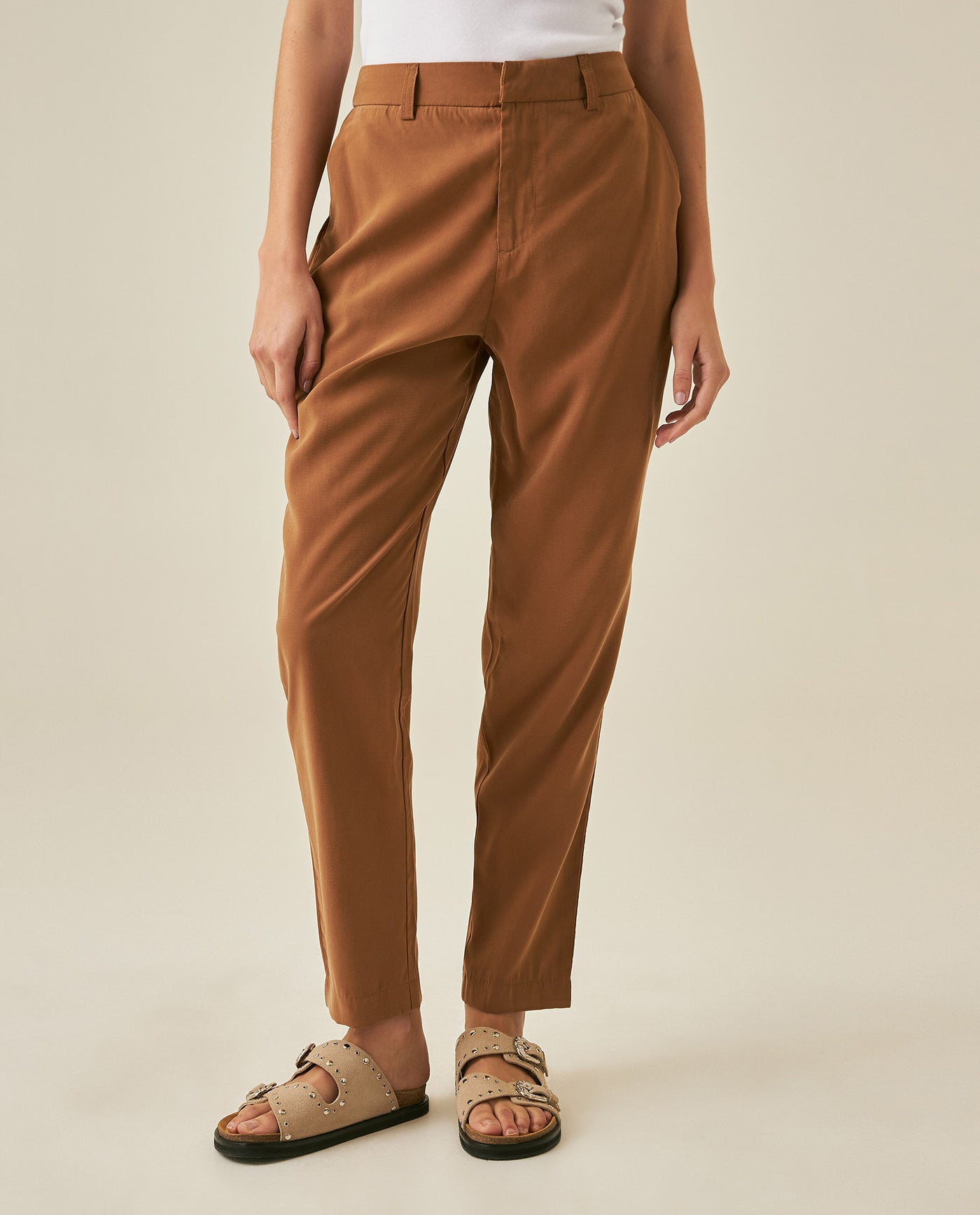 Womens Pants Essential Straight Silhouette Rayon Blend High Rise - Brown 63_731H000_CAF181031_0