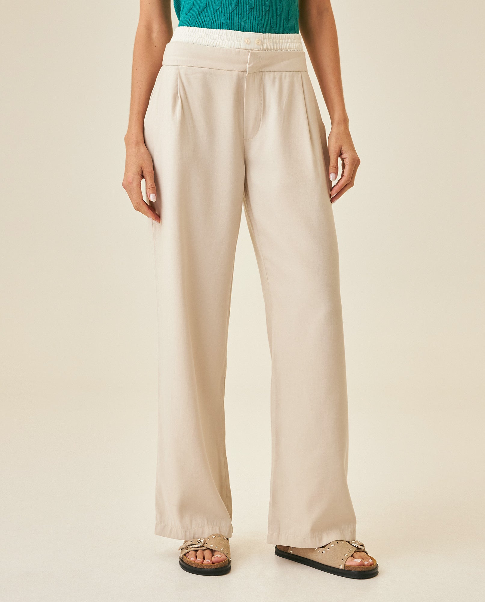 Womens Pants Wide Leg High Rise Rayon Blend Double Waistband - Beige 63_731H003_BEI140002_0