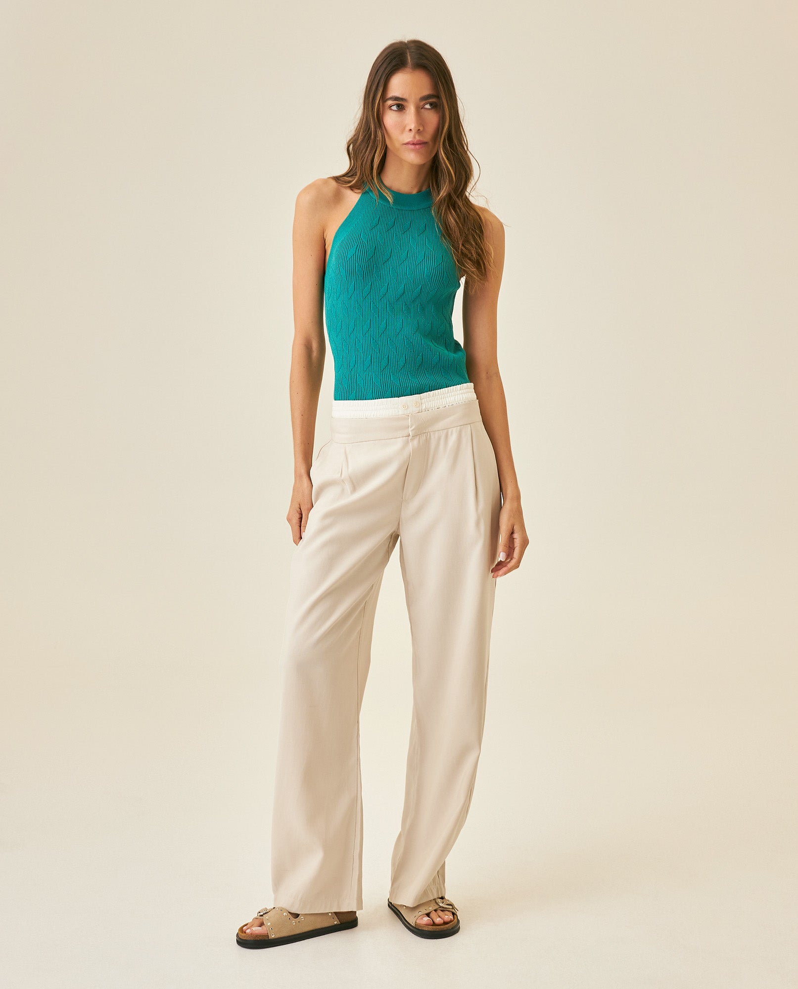 Womens Pants Wide Leg High Rise Rayon Blend Double Waistband - Beige 63_731H003_BEI140002_4