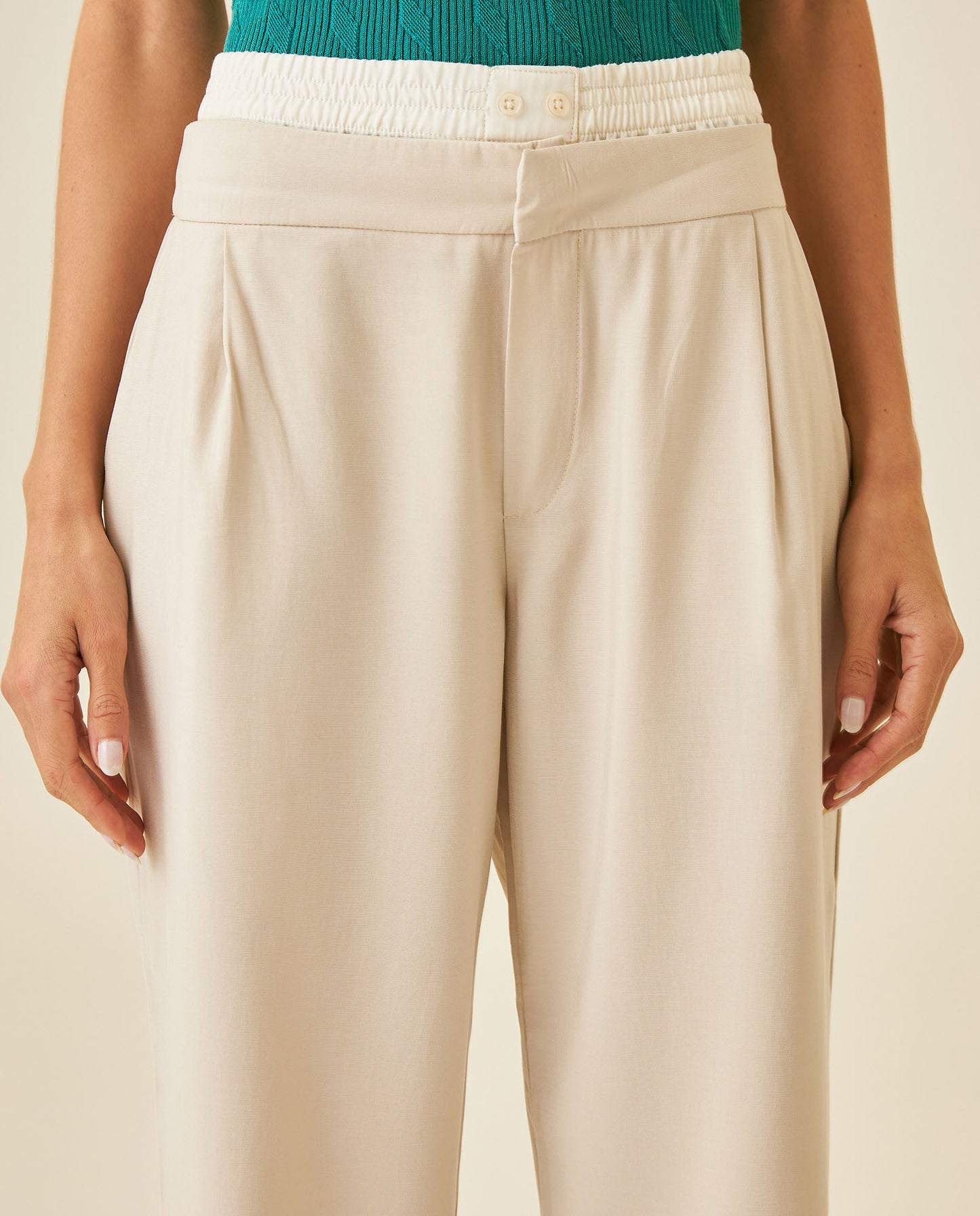 Womens Pants Wide Leg High Rise Rayon Blend Double Waistband - Beige 63_731H003_BEI140002_5