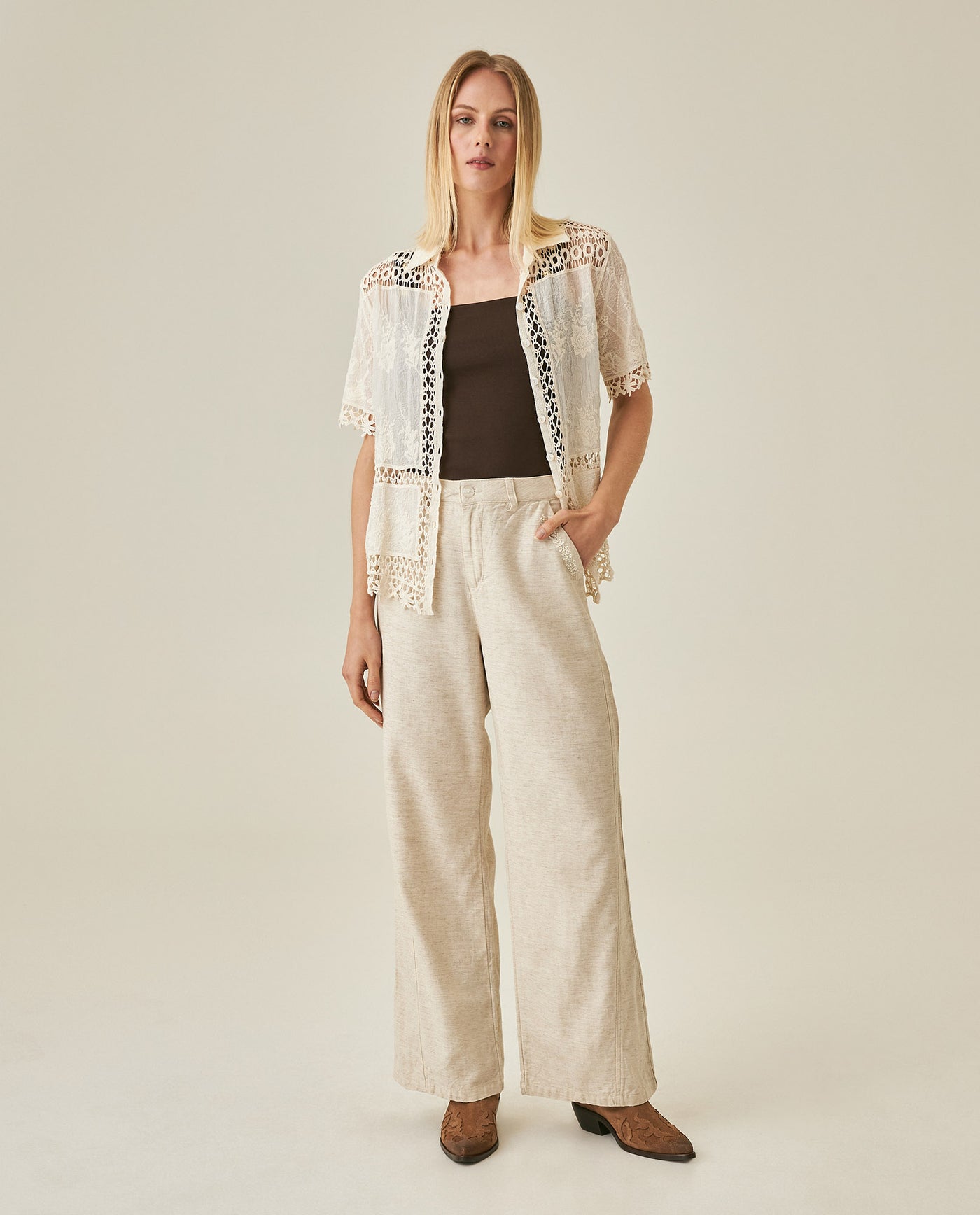 Womens Pants Wide Leg High Rise Cotton Viscose Linen Blend - Raw 63_731H004_CRU110701_4