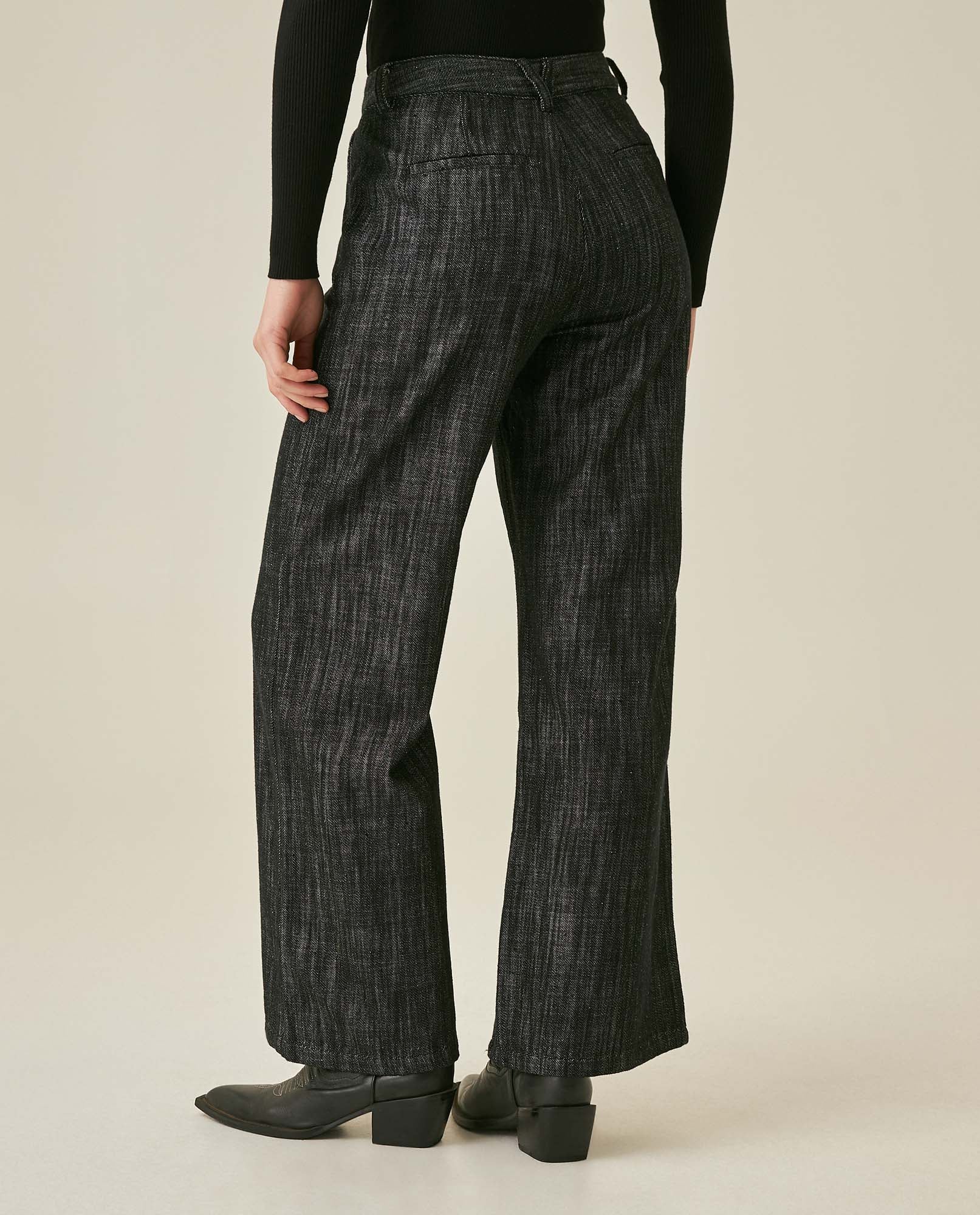 Womens Pants Wide Leg High Rise Cotton Denim Rhinestones - Black 63_731H005_NEG194004_6