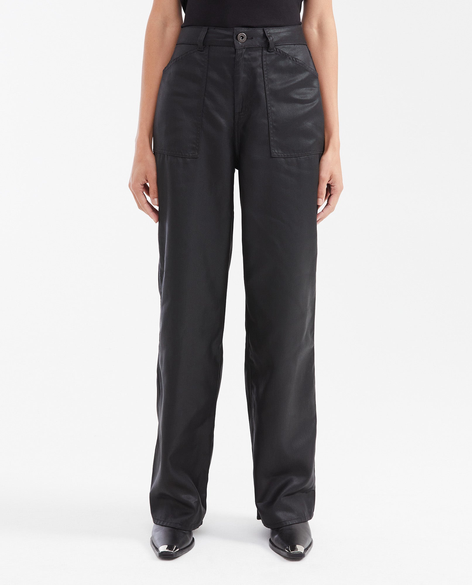 Women's High-Waisted Wide Leg Cargo Pants with Resin Effect in Tencel 63_732G003_NEG194004_0