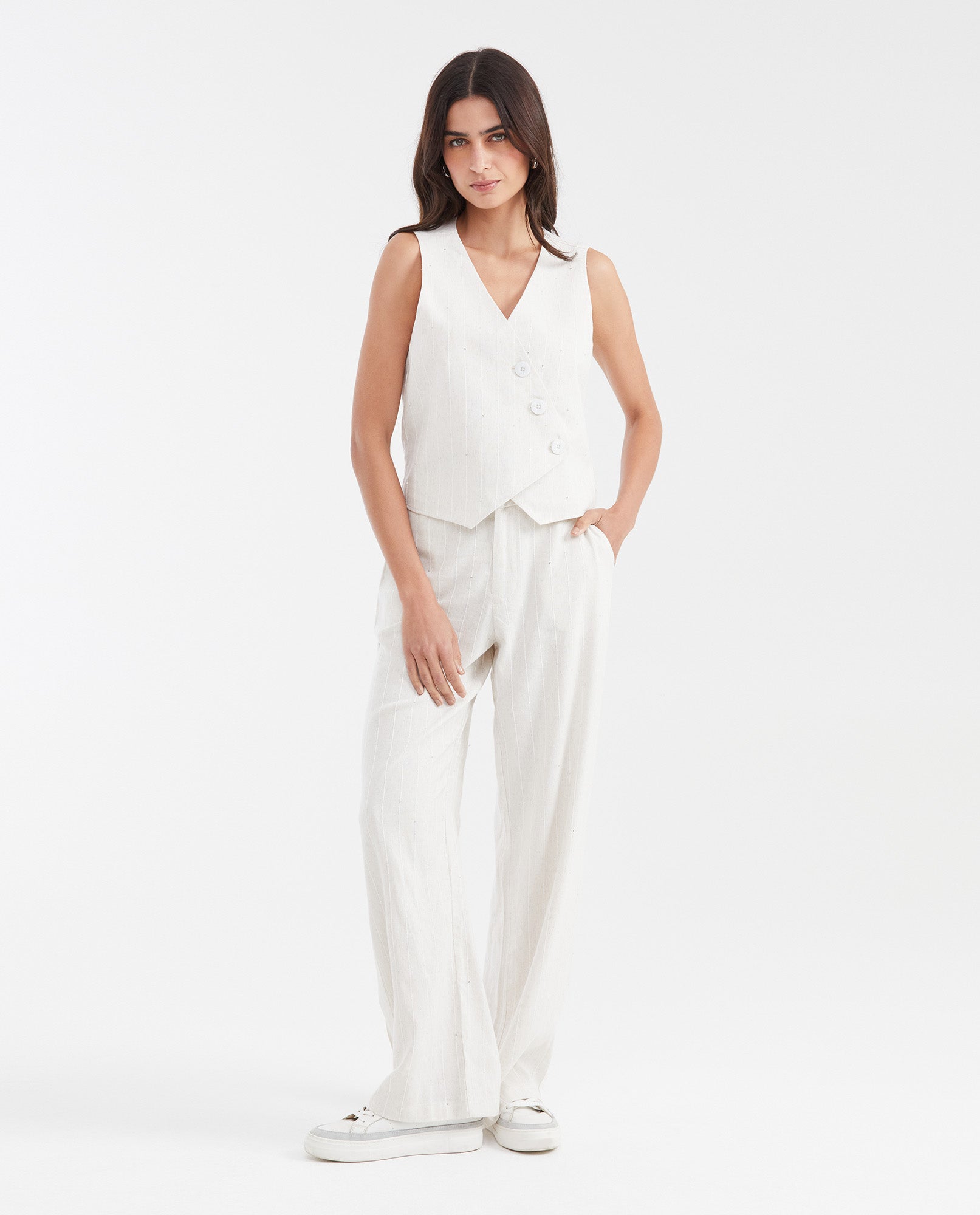 Women's High-Waisted Palazzo Pants with Sequin Stripes in Viscose-Linen-Polyester - 2