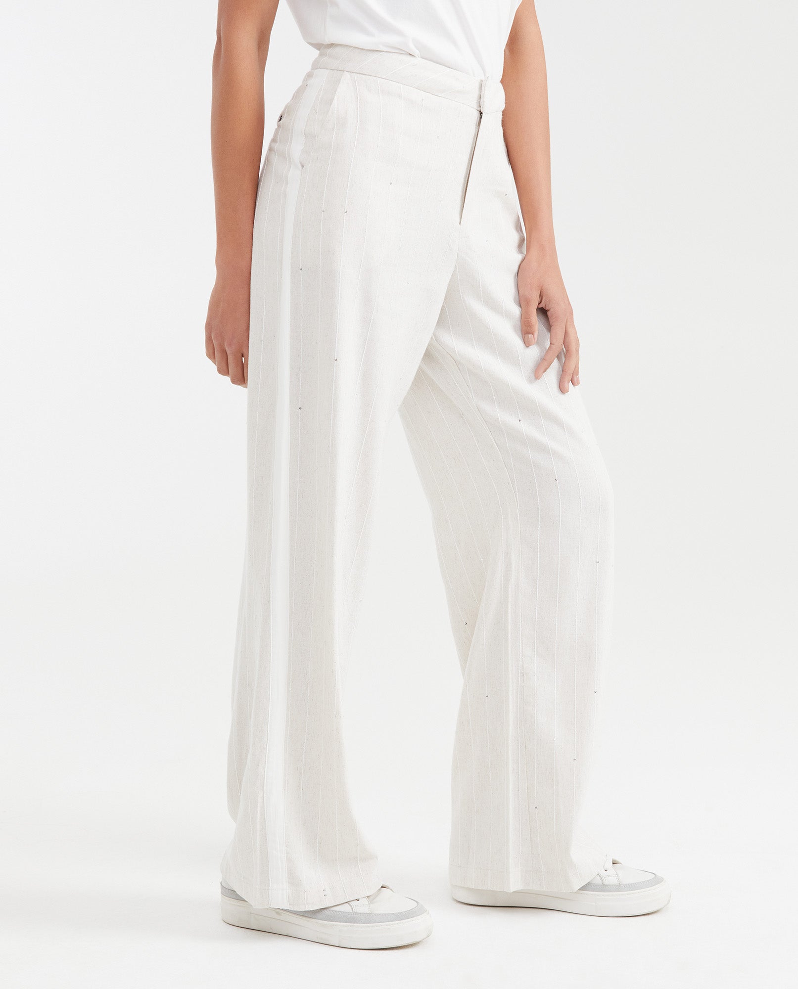 Women's High-Waisted Palazzo Pants with Sequin Stripes in Viscose-Linen-Polyester - 3