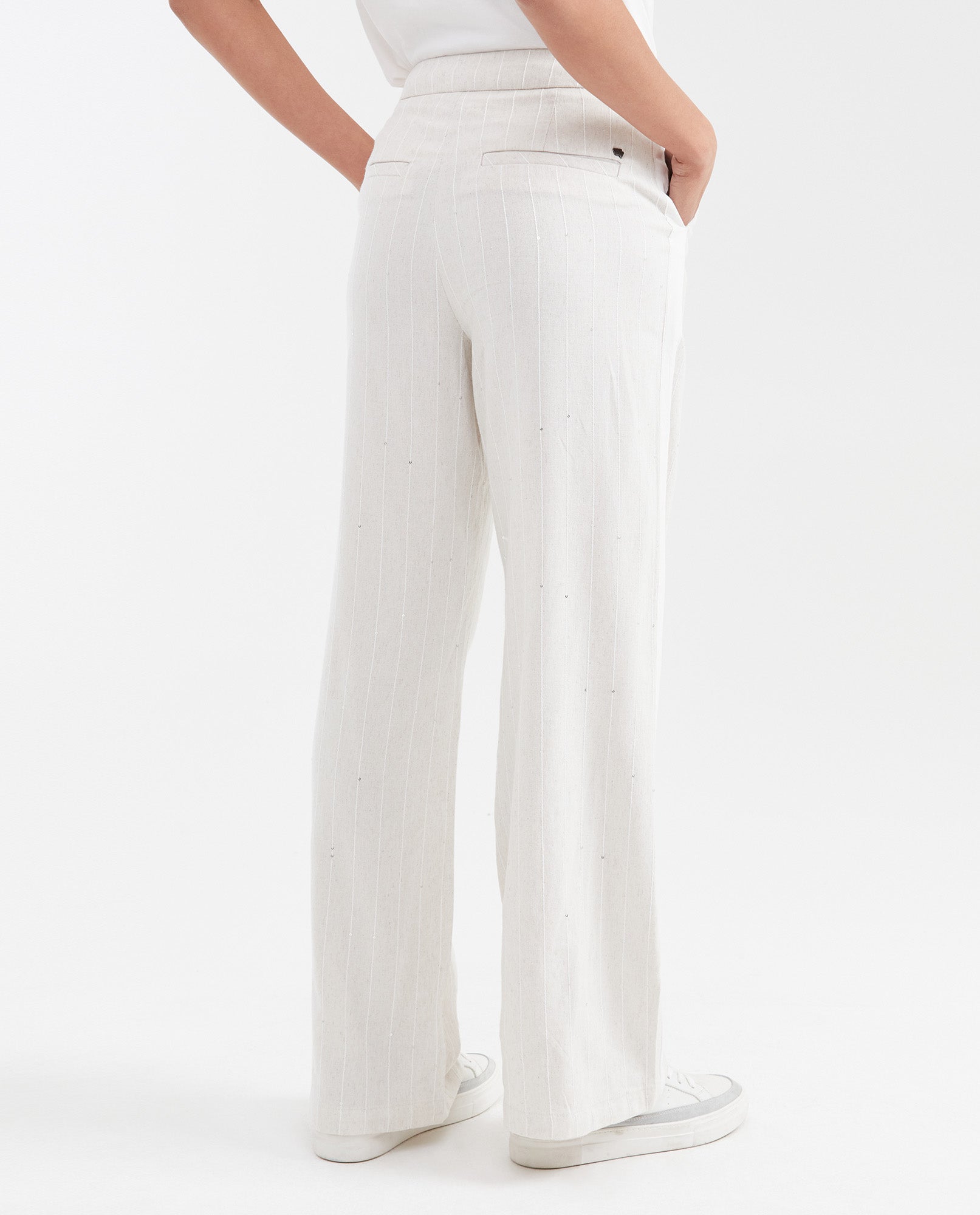 Women's High-Waisted Palazzo Pants with Sequin Stripes in Viscose-Linen-Polyester - 4