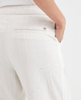 Women's High-Waisted Palazzo Pants with Sequin Stripes in Viscose-Linen-Polyester - 5