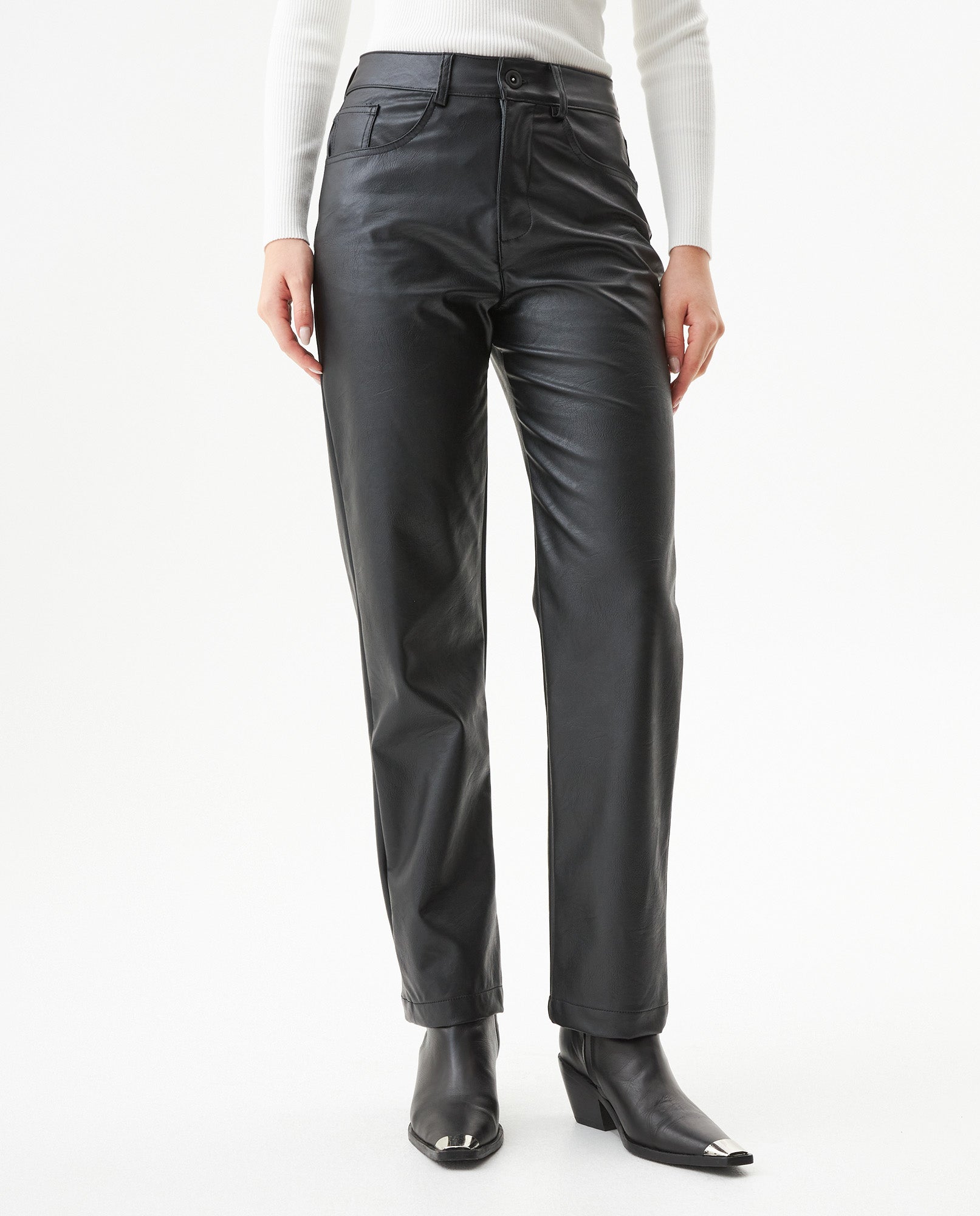 Women's Matte Leather Effect Straight Fit High Rise Pants in Polyurethane-Polyester Blend, Nocturne - 2