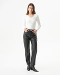 Women's Matte Leather Effect Straight Fit High Rise Pants in Polyurethane-Polyester Blend, Nocturne - 3