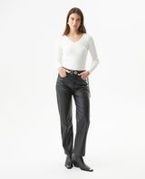 Women's Matte Leather Effect Straight Fit High Rise Pants in Polyurethane-Polyester Blend, Nocturne - 3