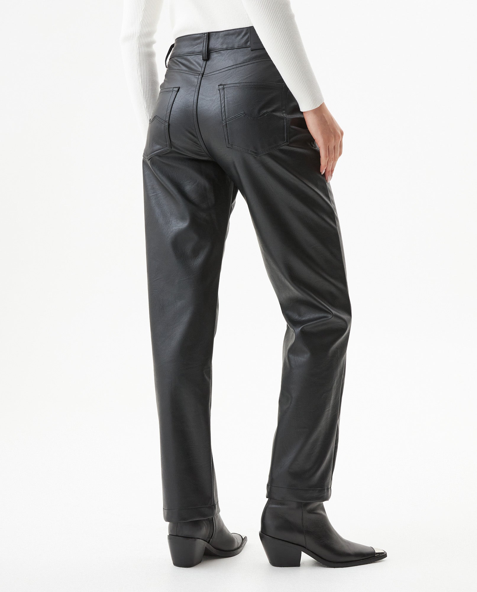 Women's Matte Leather Effect Straight Fit High Rise Pants in Polyurethane-Polyester Blend, Nocturne - 5