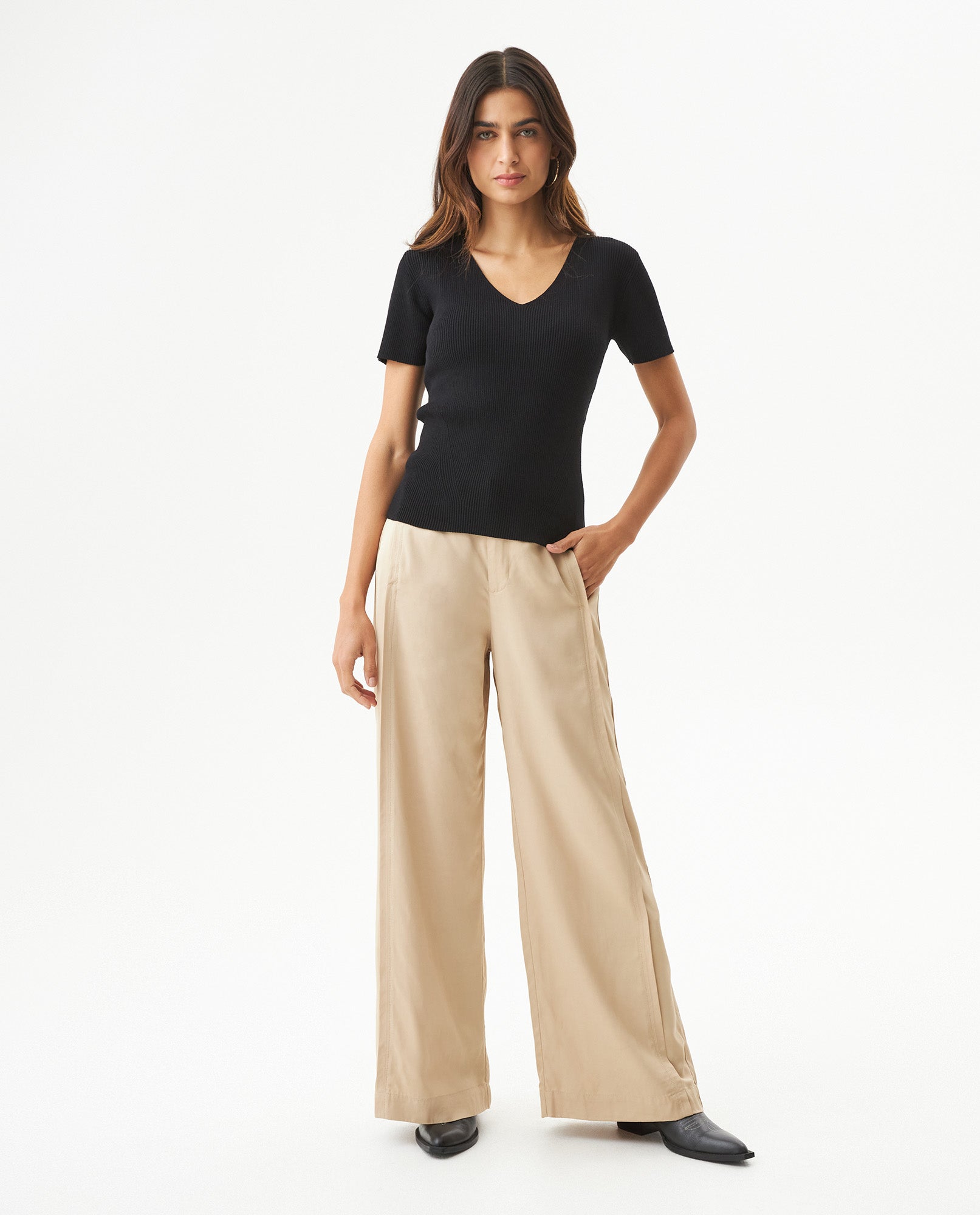 Women's Vertical Cut Wide Leg Pants High Rise in Viscose-Rayon Blend, Evening - 3