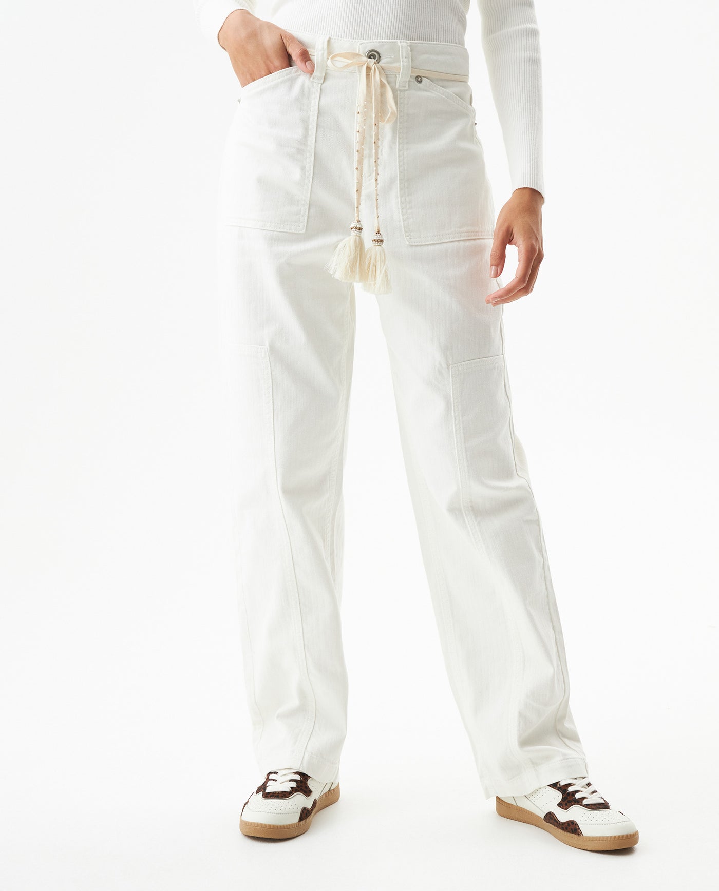 Women's Stone Belt Balloon Mid Rise Pants in Cotton Stretch Blend, Tidemark - 2