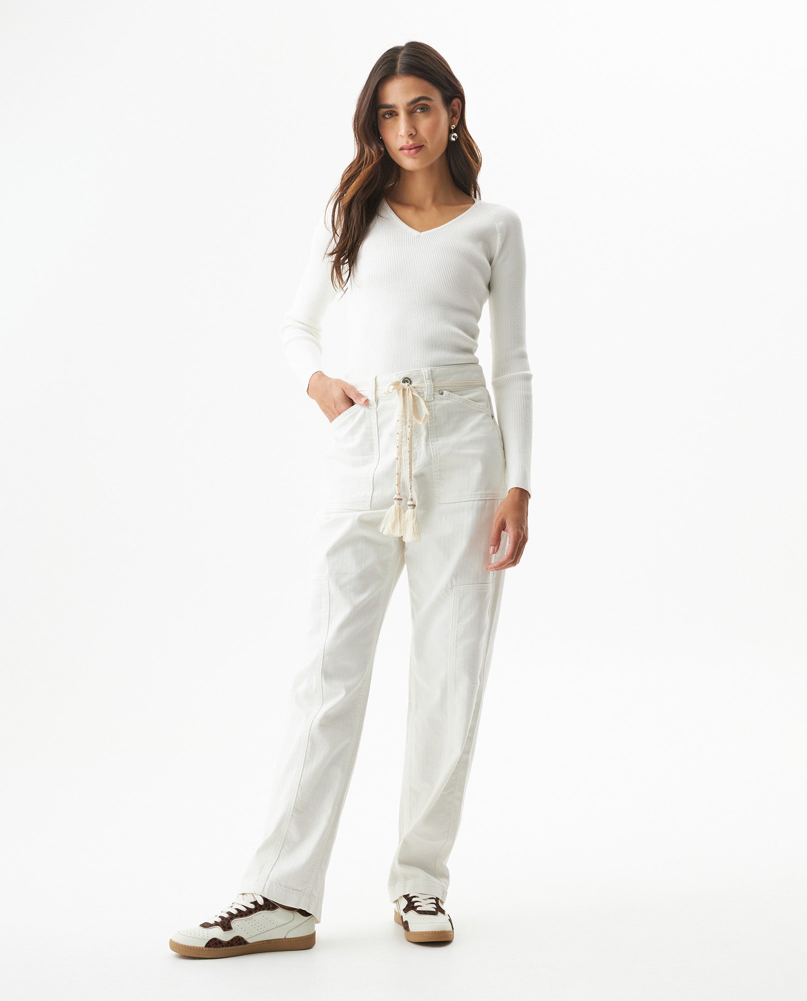 Women's Stone Belt Balloon Mid Rise Pants in Cotton Stretch Blend, Tidemark - 3