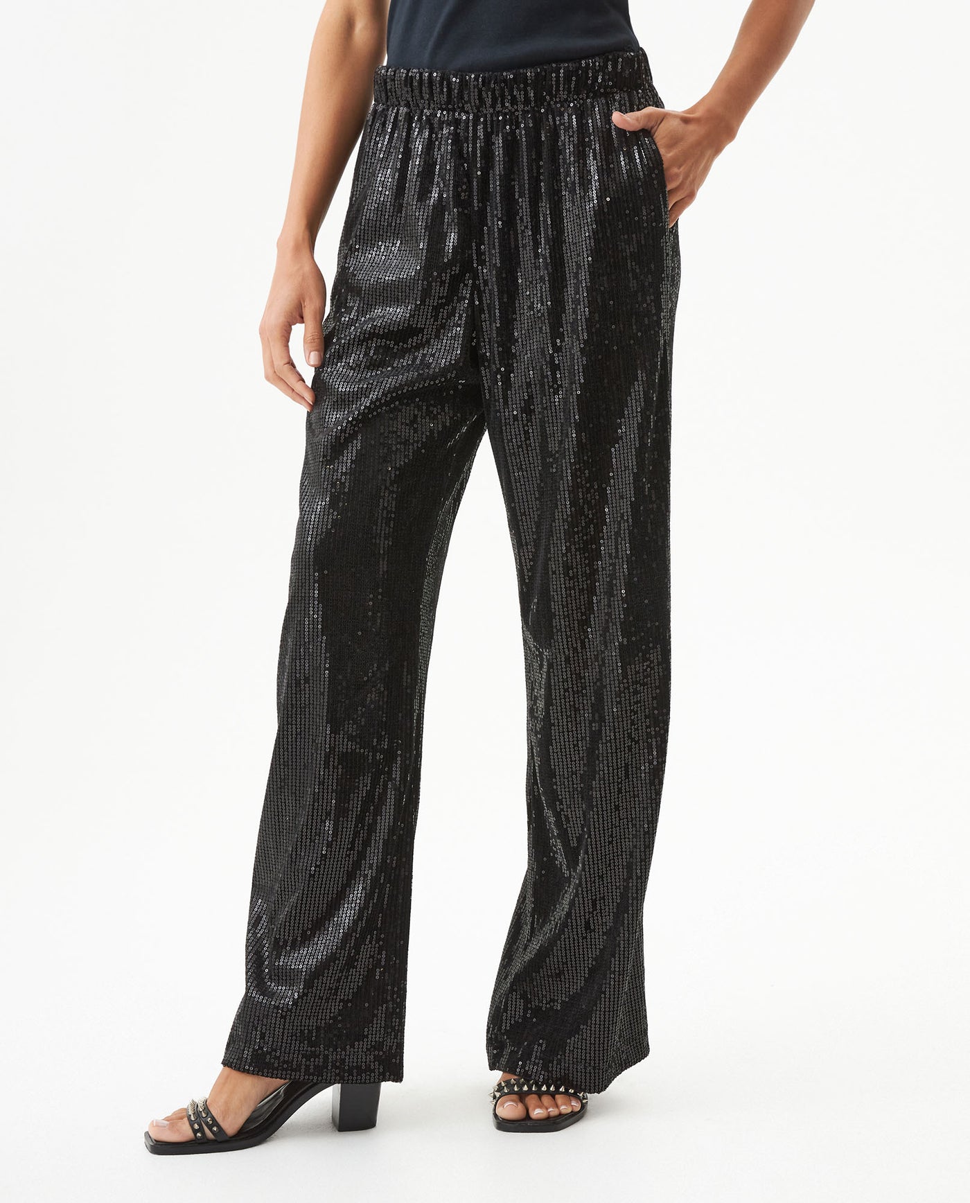 Women's Sequined Flare Mid Rise Pants in Polyester Stretch Blend, Ceremony - 1