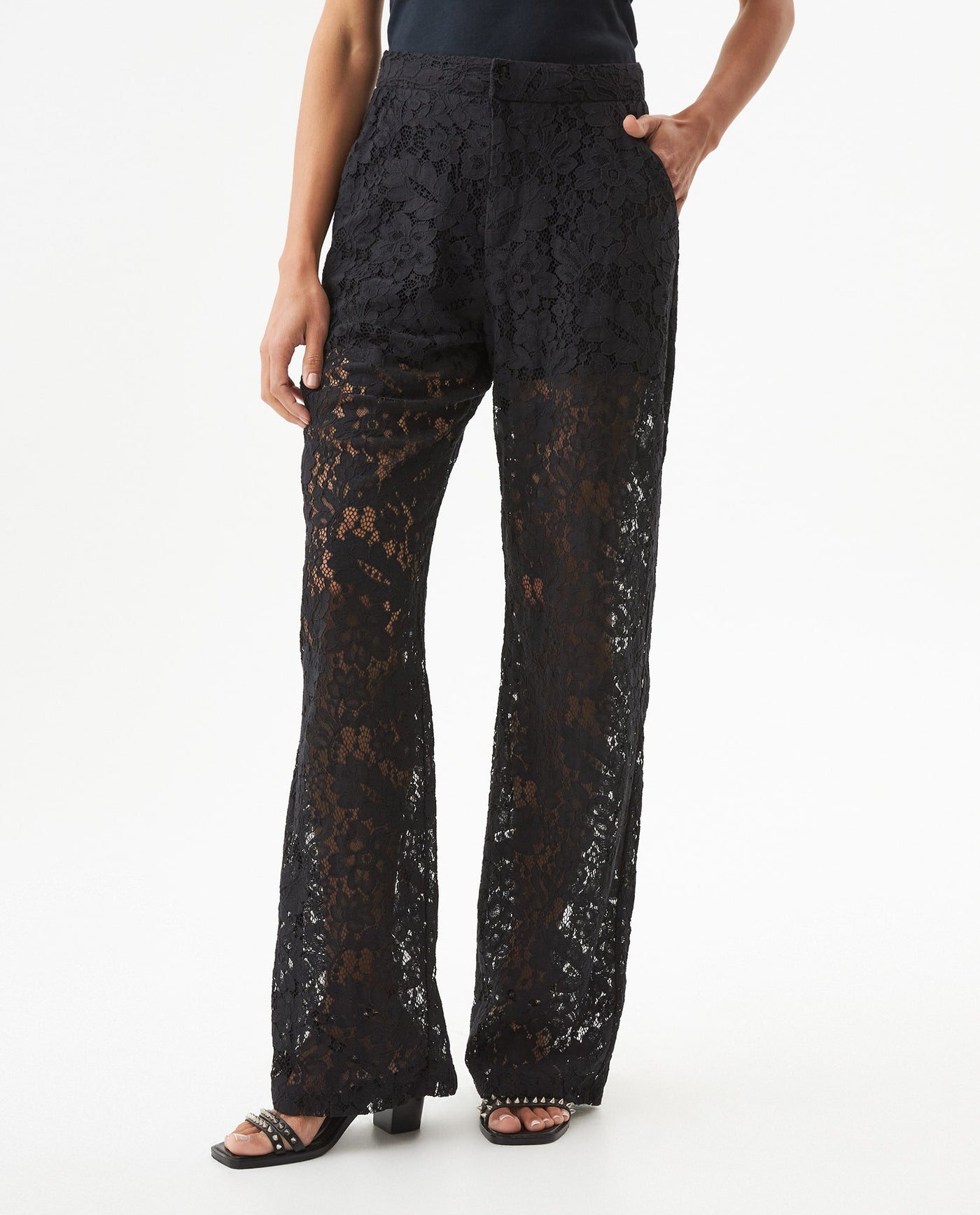 Women's Embroidered Effect High Rise Straight Fit Pants in Cotton-Polyamide Blend, Ballroom - 2