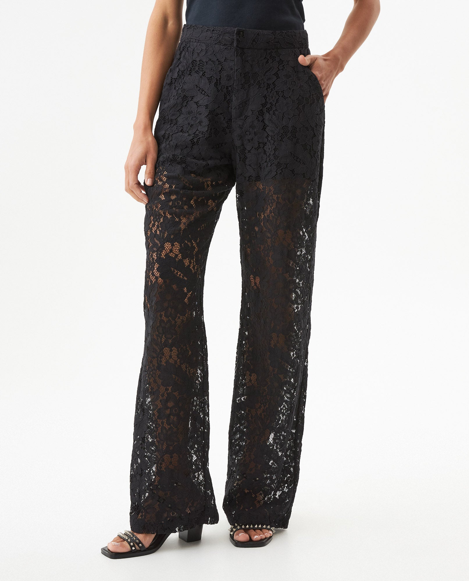 Women's Embroidered Effect High Rise Straight Fit Pants in Cotton-Polyamide Blend, Ballroom - 2