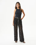 Women's Embroidered Effect High Rise Straight Fit Pants in Cotton-Polyamide Blend, Ballroom - 3