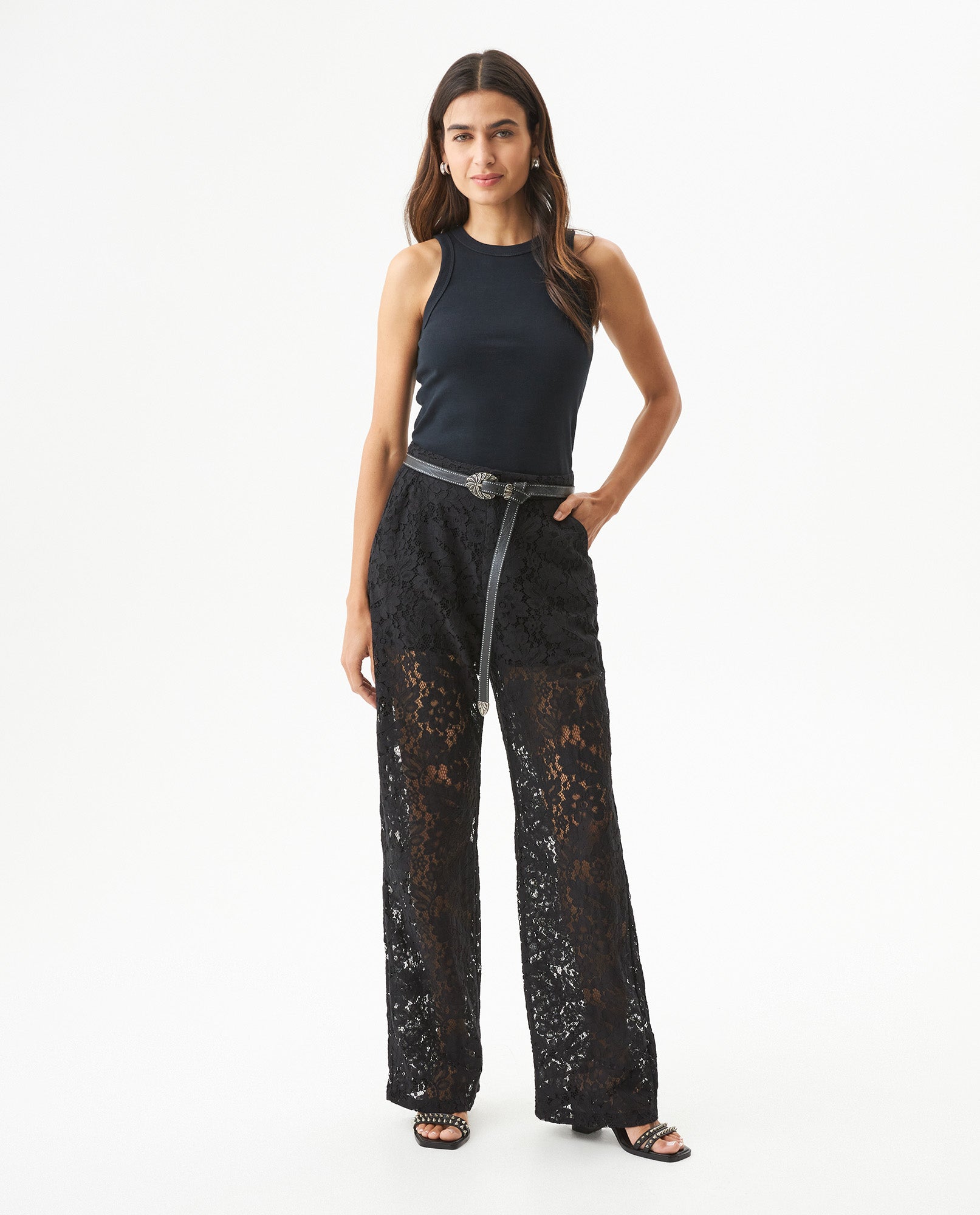 Women's Straight Silhouette Pants with Embroidered Effect - Black - 3