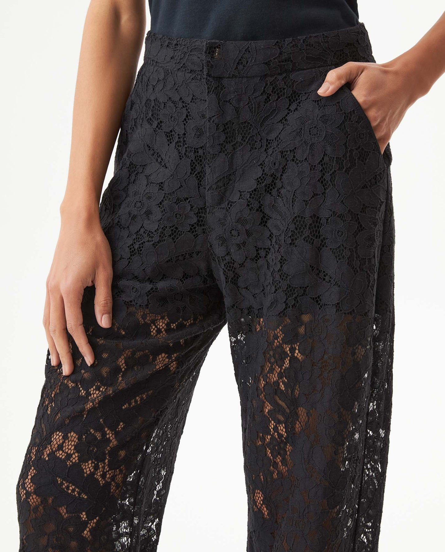 Women's Straight Silhouette Pants with Embroidered Effect - Black - 4