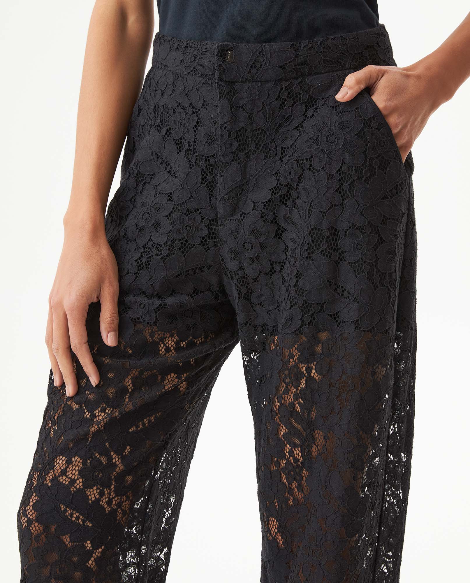 Women's Straight Silhouette Pants with Embroidered Effect - Black - 4