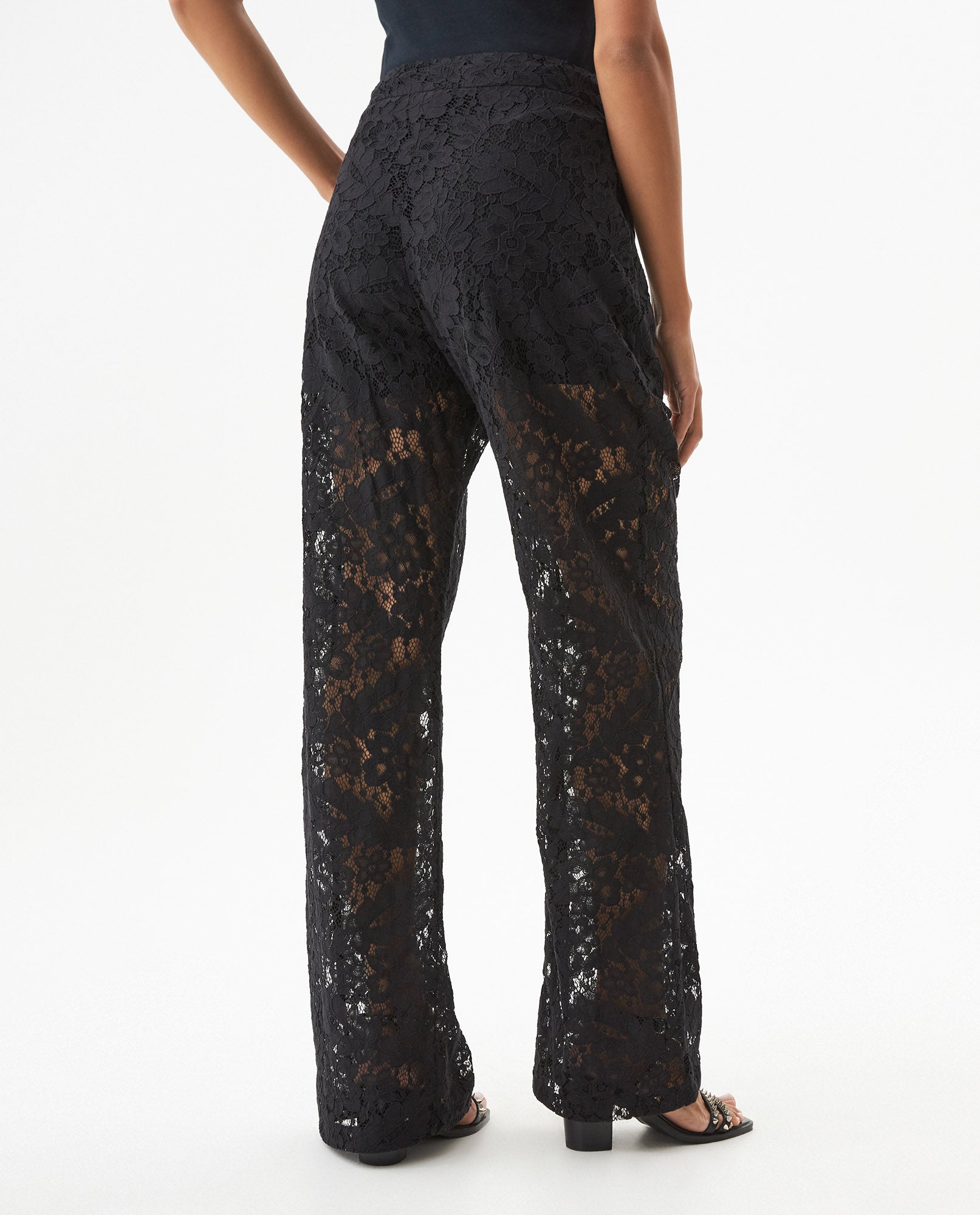 Women's Straight Silhouette Pants with Embroidered Effect - Black - 5