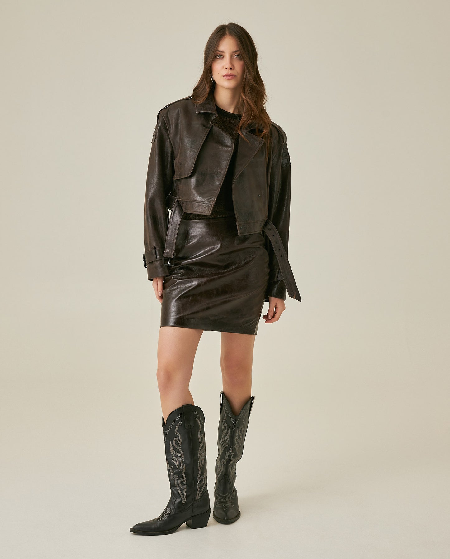 Womens High Rise Leather Mini Skirt - Brown 63_747H200_CAF181033_4