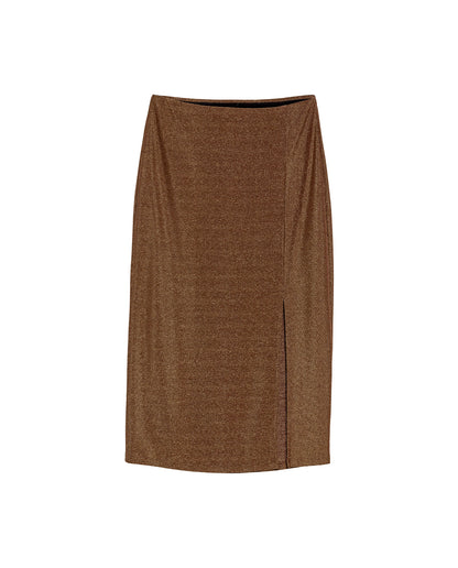 Women's Shiny Midi Skirt - Brown - 1