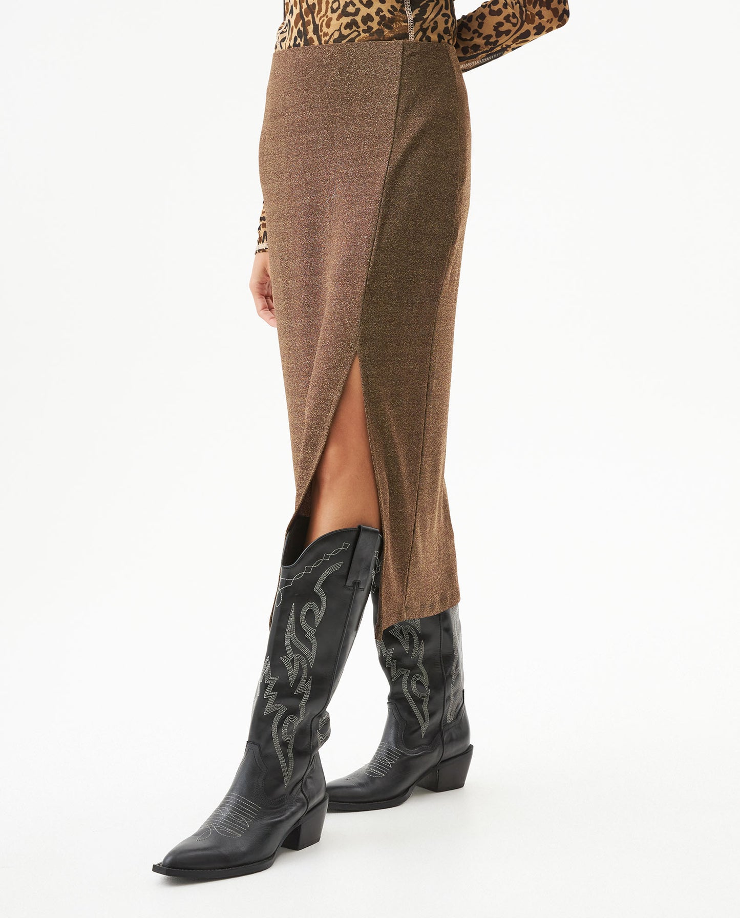 Women's Shiny Midi Skirt - Brown - 2