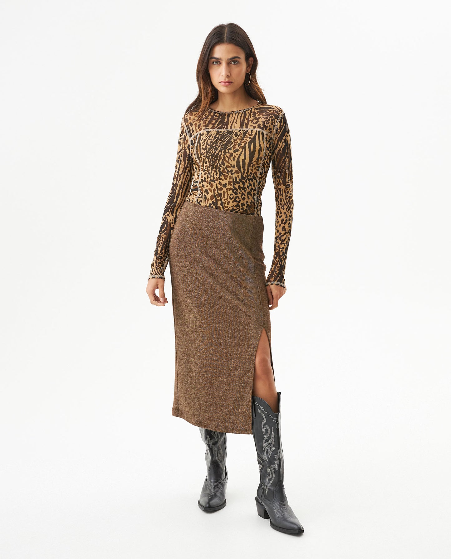 Women's Shiny Midi Skirt - Brown - 3