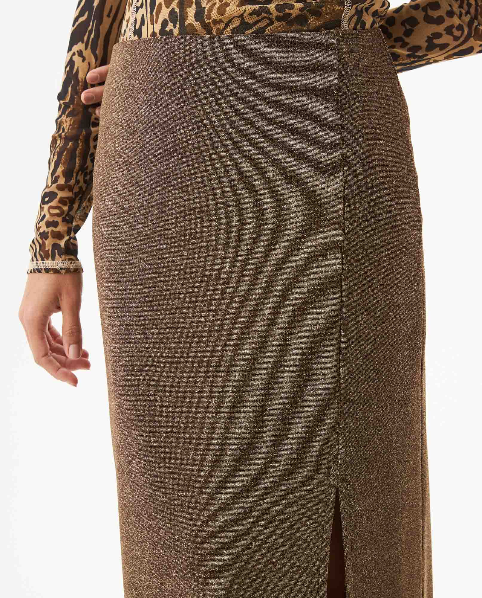 Women's Side Slit Shiny Midi Skirt in Nylon-Modal Stretch Blend, Sparkle - 4