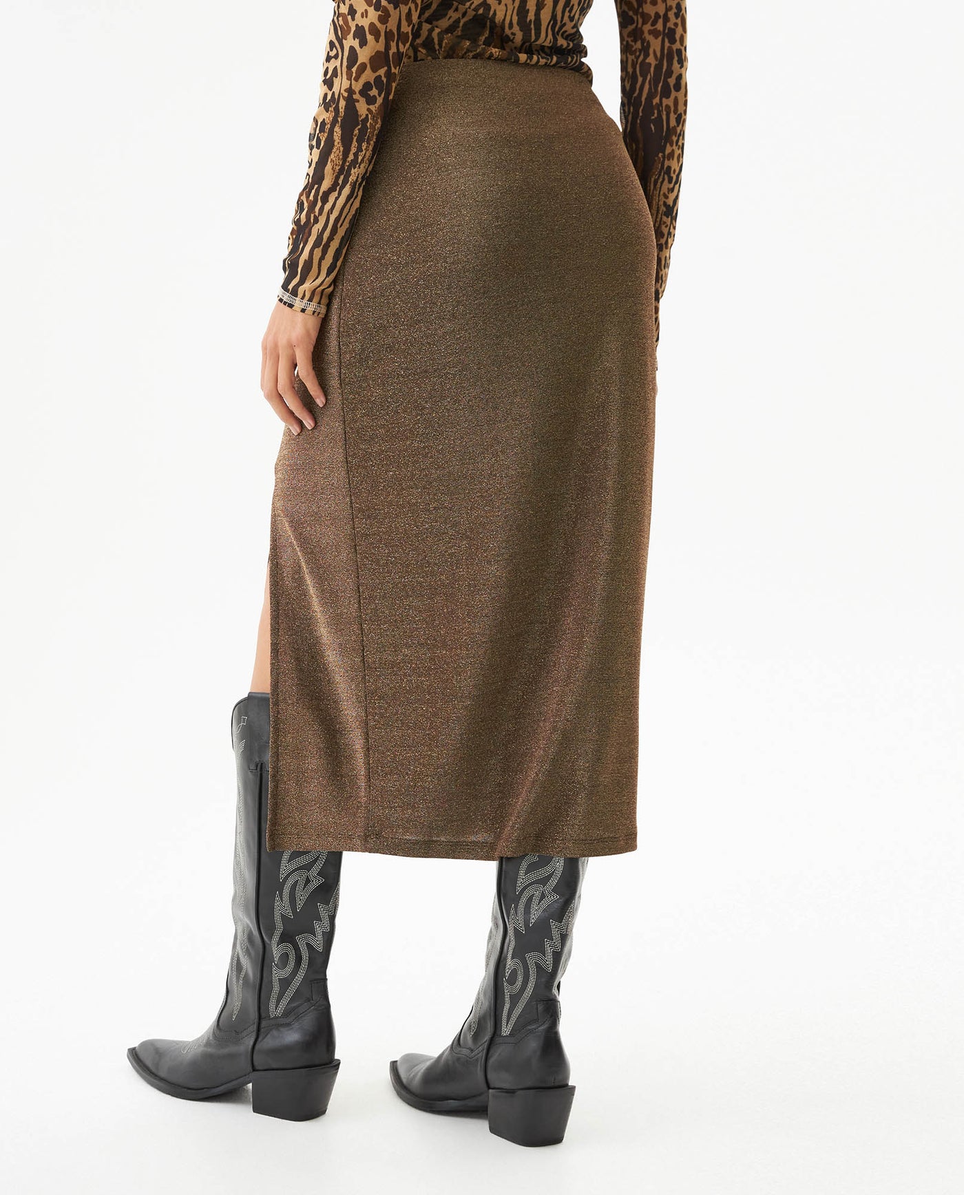 Women's Side Slit Shiny Midi Skirt in Nylon-Modal Stretch Blend, Sparkle - 5