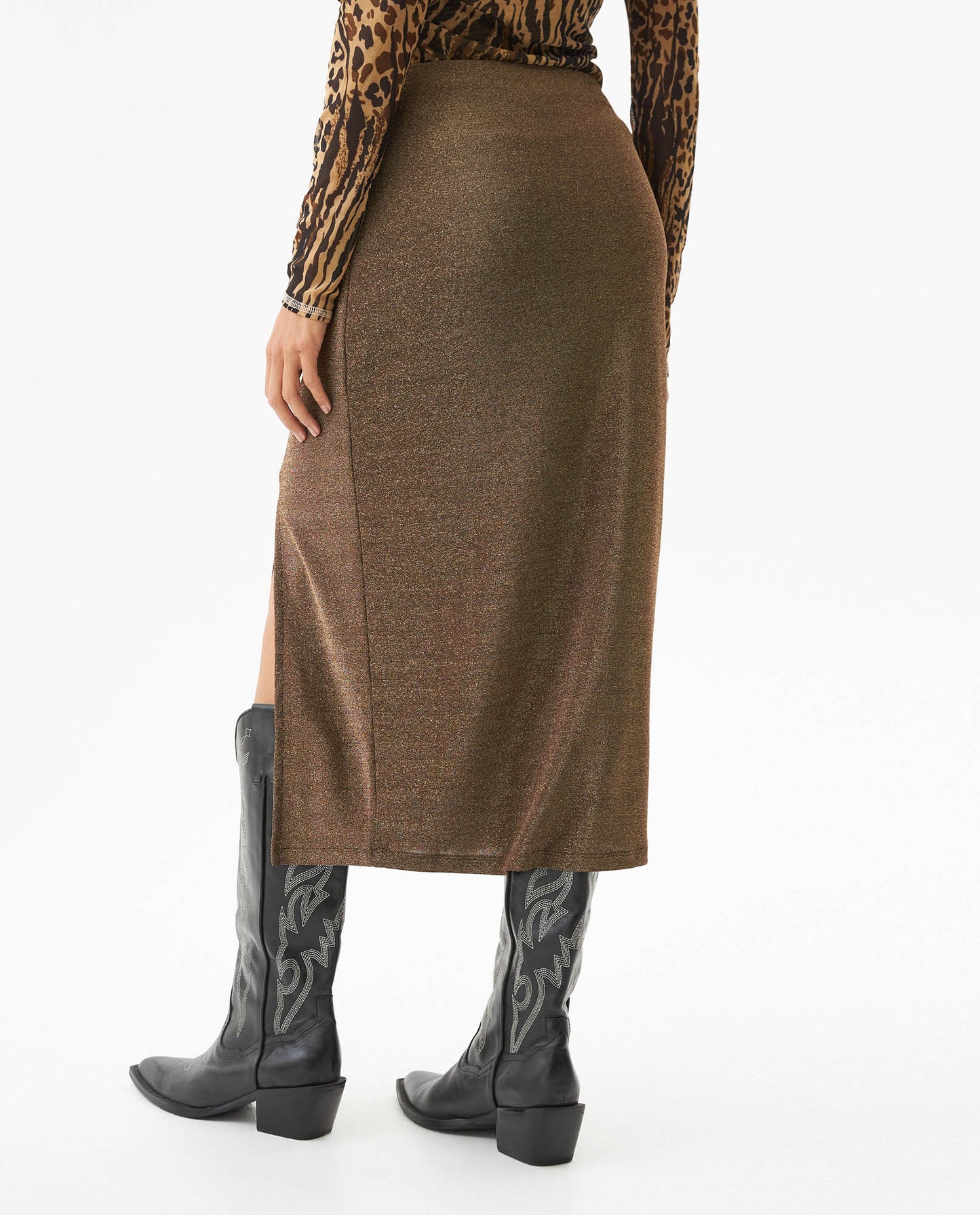 Women's Shiny Midi Skirt - Brown - 5