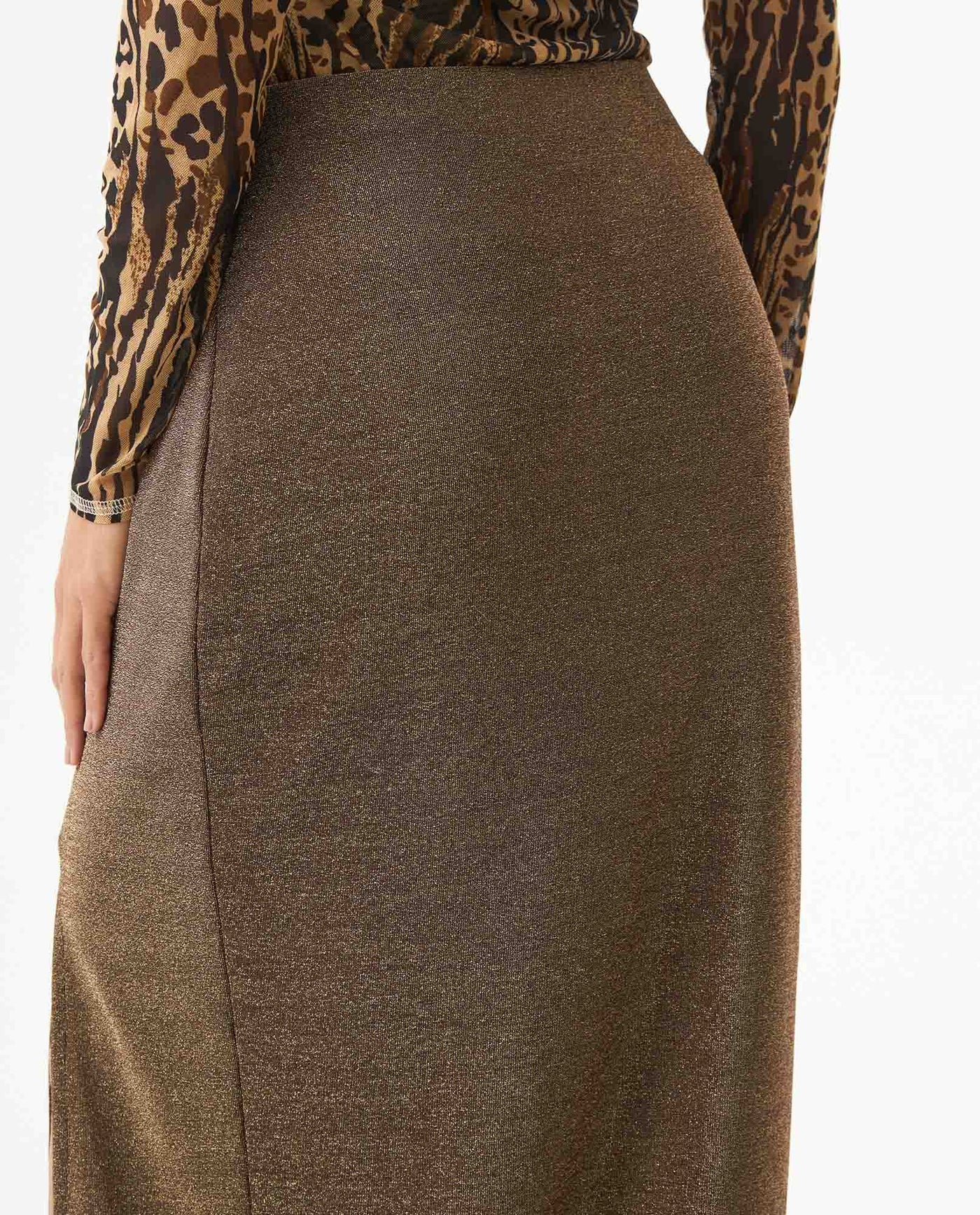Women's Side Slit Shiny Midi Skirt in Nylon-Modal Stretch Blend, Sparkle - 6