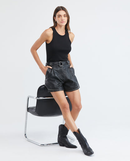 Womens Leather Studded Belt Shorts - Black 63_757F101_NEG194007_6
