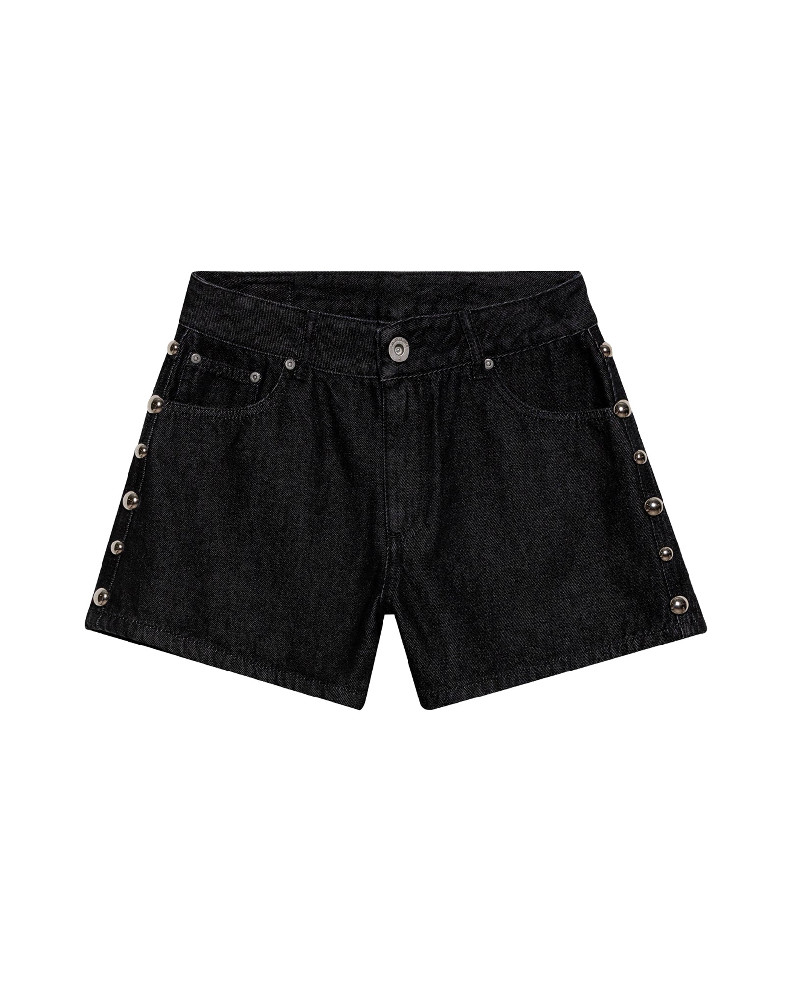 Women's Black Denim Studded Shorts in Lyocell-Cotton Blend, Majestic - 3