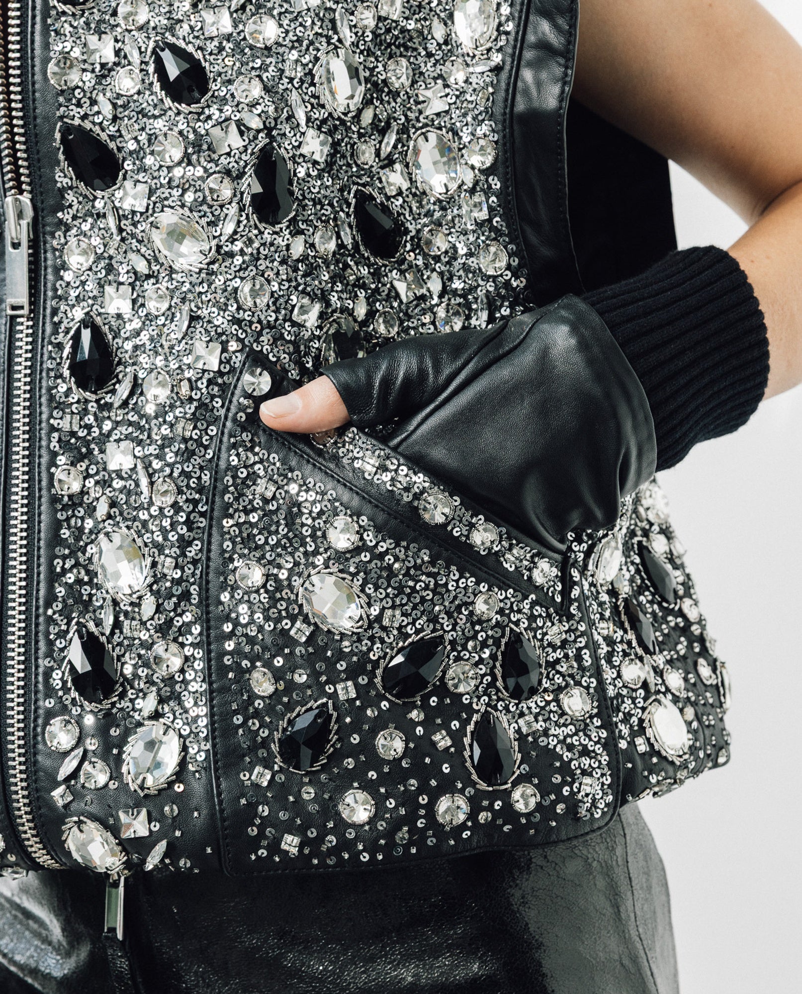 Womens Lambskin Leather Sleeveless Embellished Vest - Special Collection - Black 63_767H502_NEG194007_5