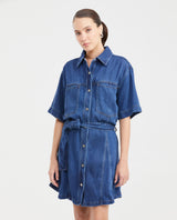 Women's Short Sleeve Cargo-Style Denim Dress with Belt in Lyocell-Rayon-Polyester - 1