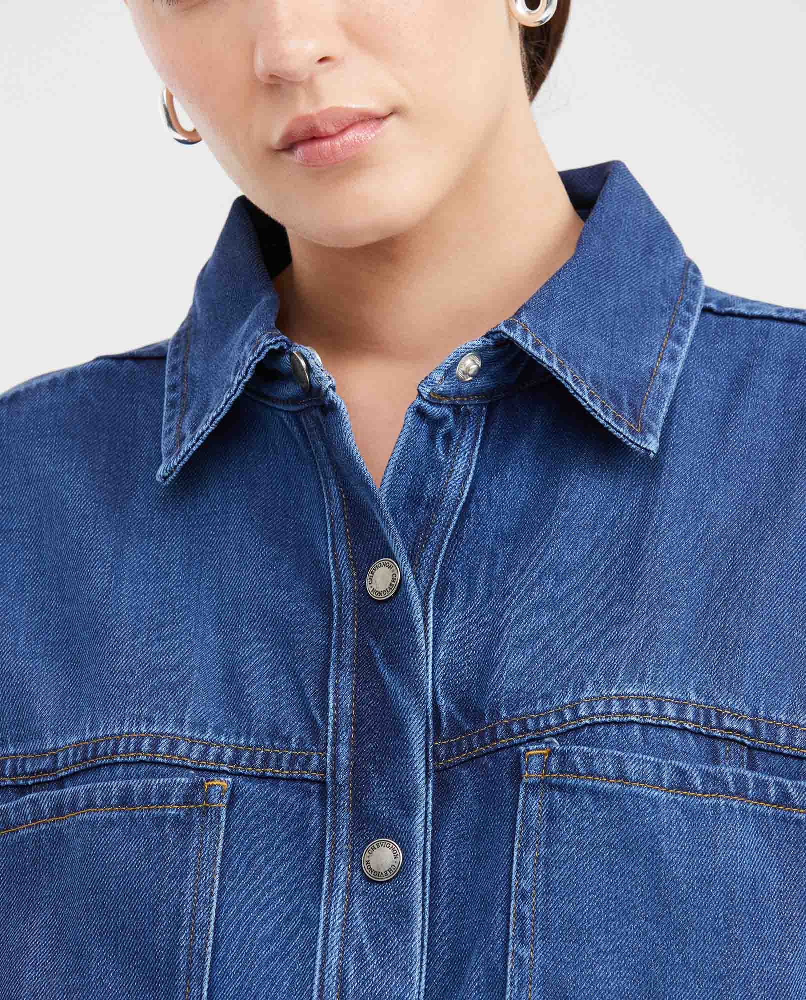 Women's Short Sleeve Cargo-Style Denim Dress with Belt in Lyocell-Rayon-Polyester - 2