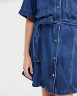 Women's Short Sleeve Cargo-Style Denim Dress with Belt in Lyocell-Rayon-Polyester - 3