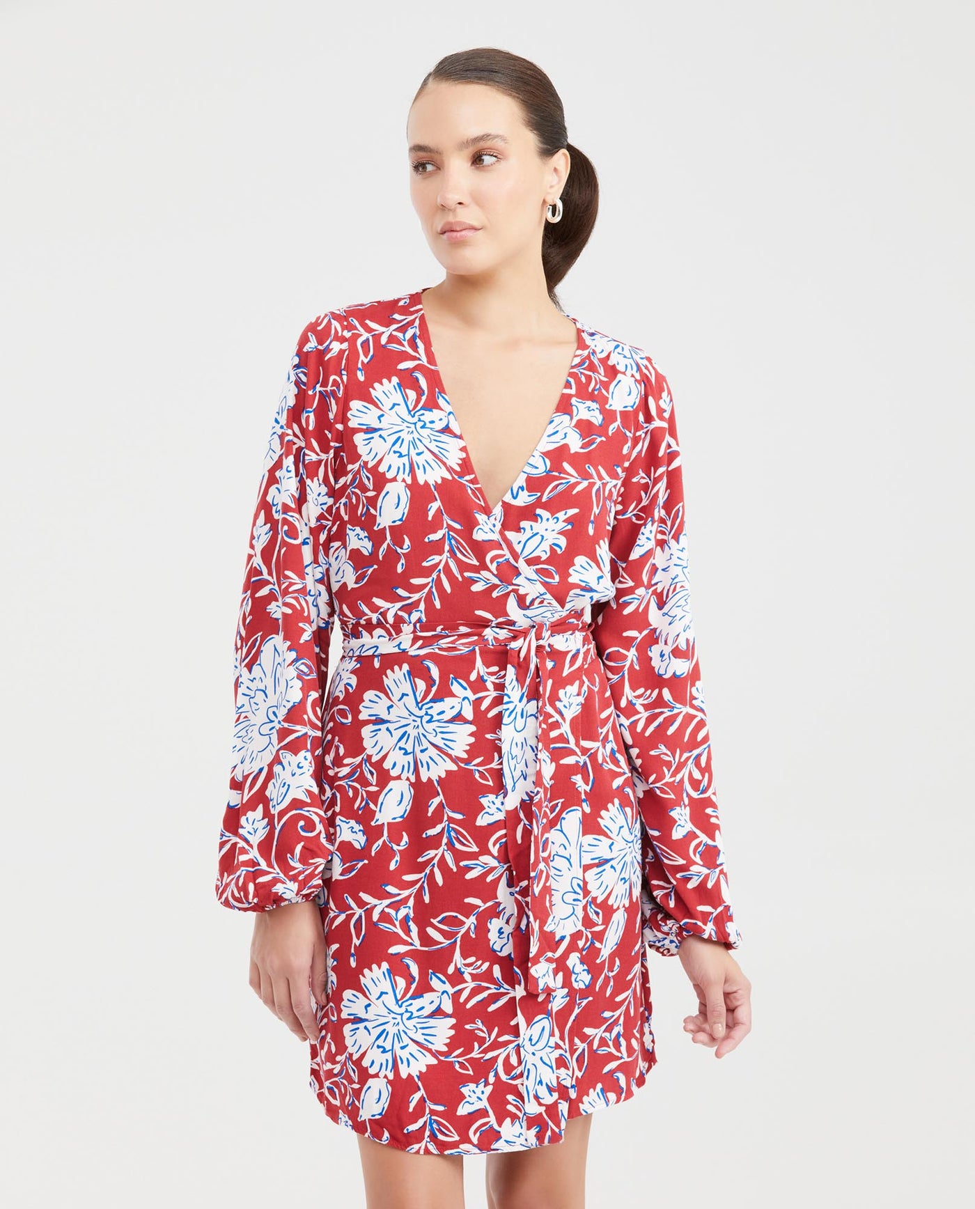 Women's Short Wrap Dress with Side Tie and Floral Maxi Print in Rayon - 1