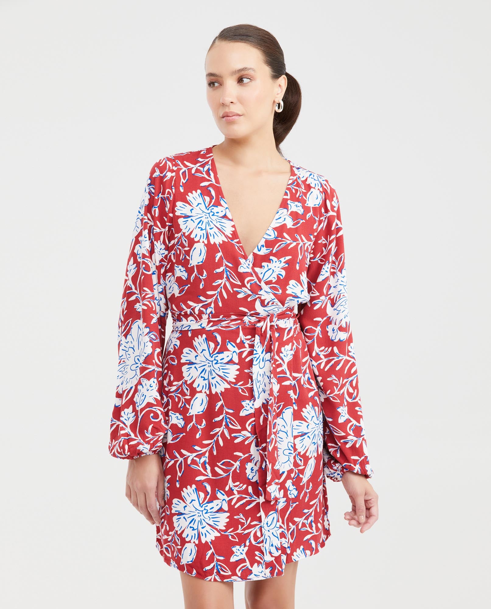 Women's Short Wrap Dress with Side Tie and Floral Maxi Print in Rayon - 1