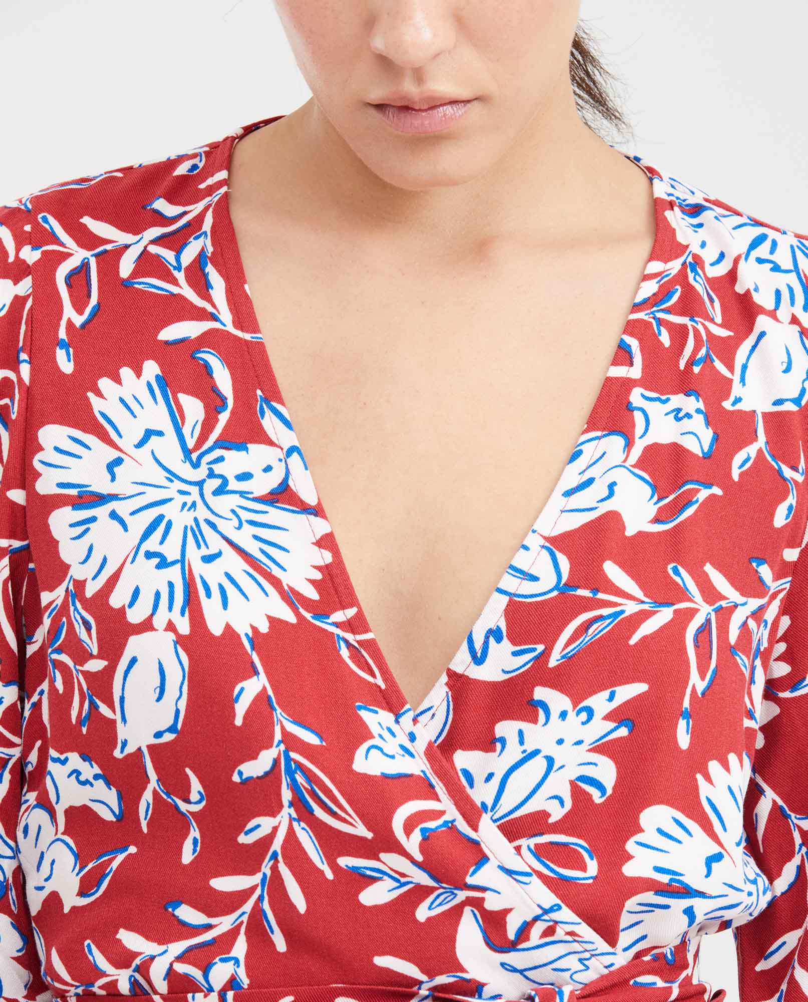 Women's Short Wrap Dress with Side Tie and Floral Maxi Print in Rayon - 2