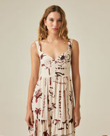 Womens Dress Midi A-Line Silhouette Viscose–Linen Print Smocked Back V-Neck - Raw 63_771H000_CRU131011_0