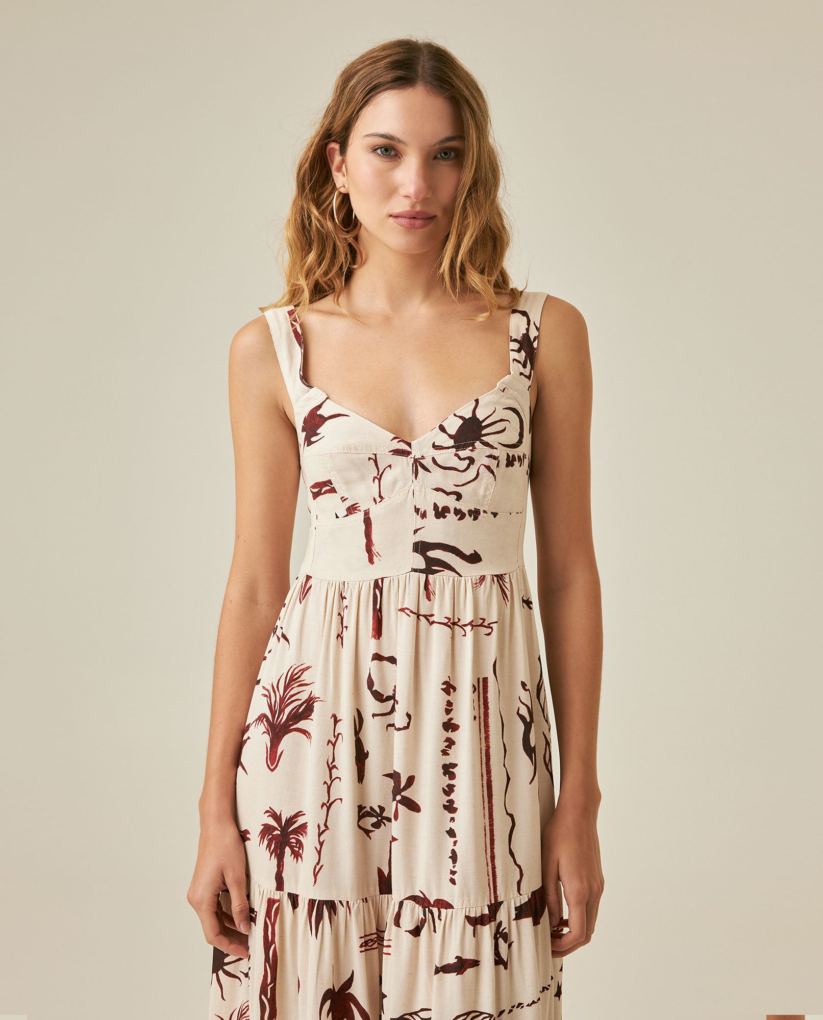 Womens Dress Midi A-Line Silhouette Viscose–Linen Print Smocked Back V-Neck - Raw 63_771H000_CRU131011_0