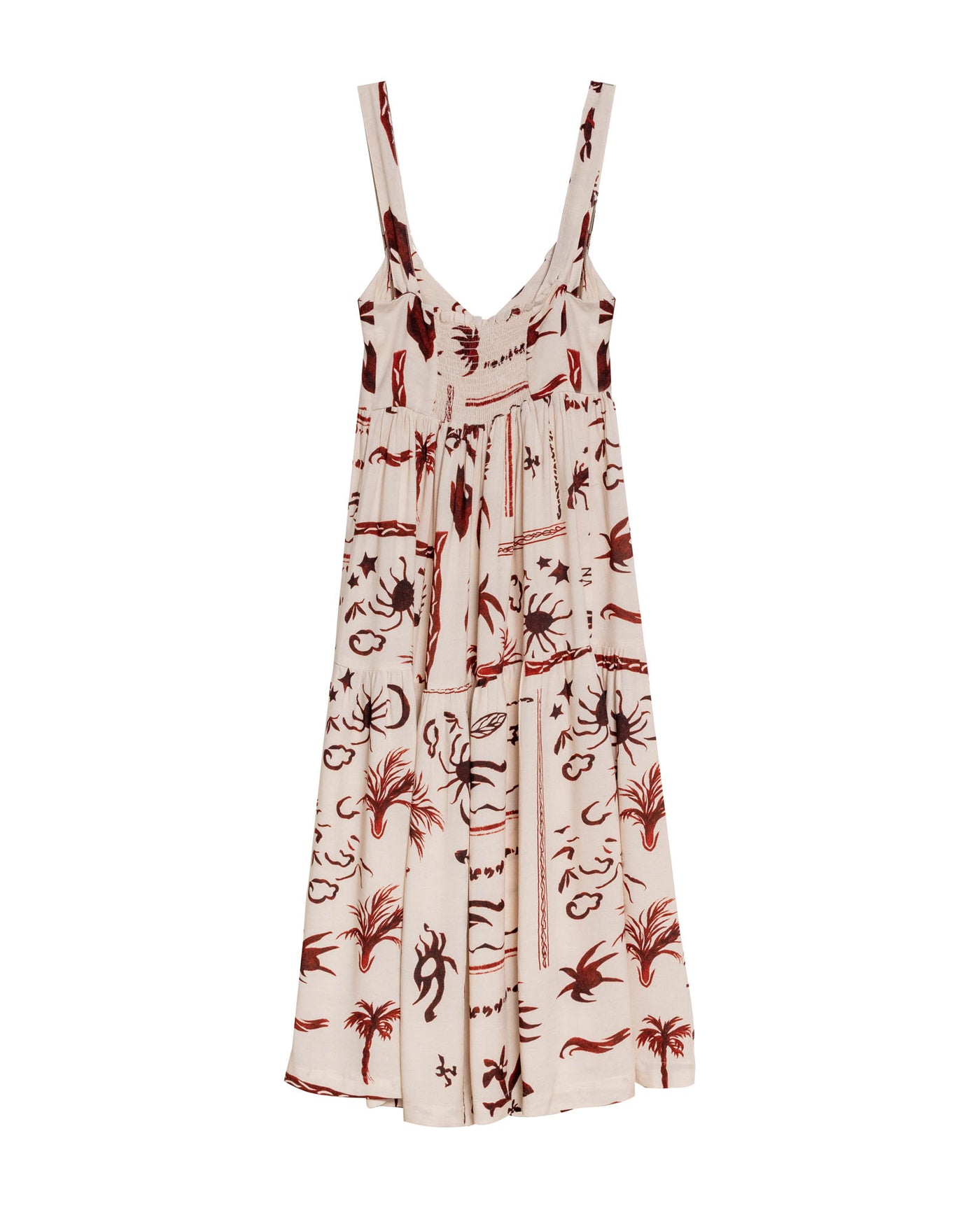 Womens Dress Midi A-Line Silhouette Viscose–Linen Print Smocked Back V-Neck - Raw 63_771H000_CRU131011_3