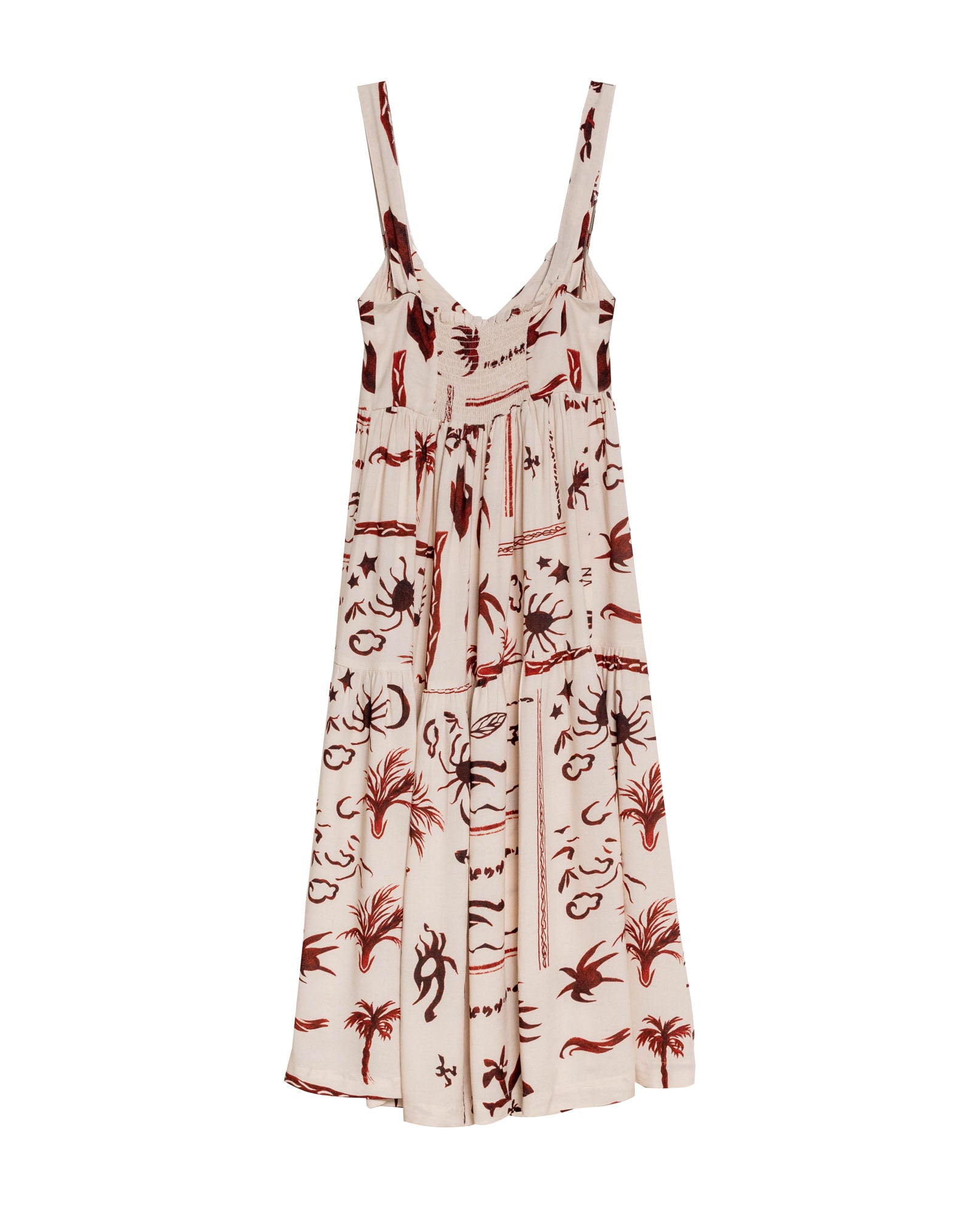 Womens Dress Midi A-Line Silhouette Viscose–Linen Print Smocked Back V-Neck - Raw 63_771H000_CRU131011_3